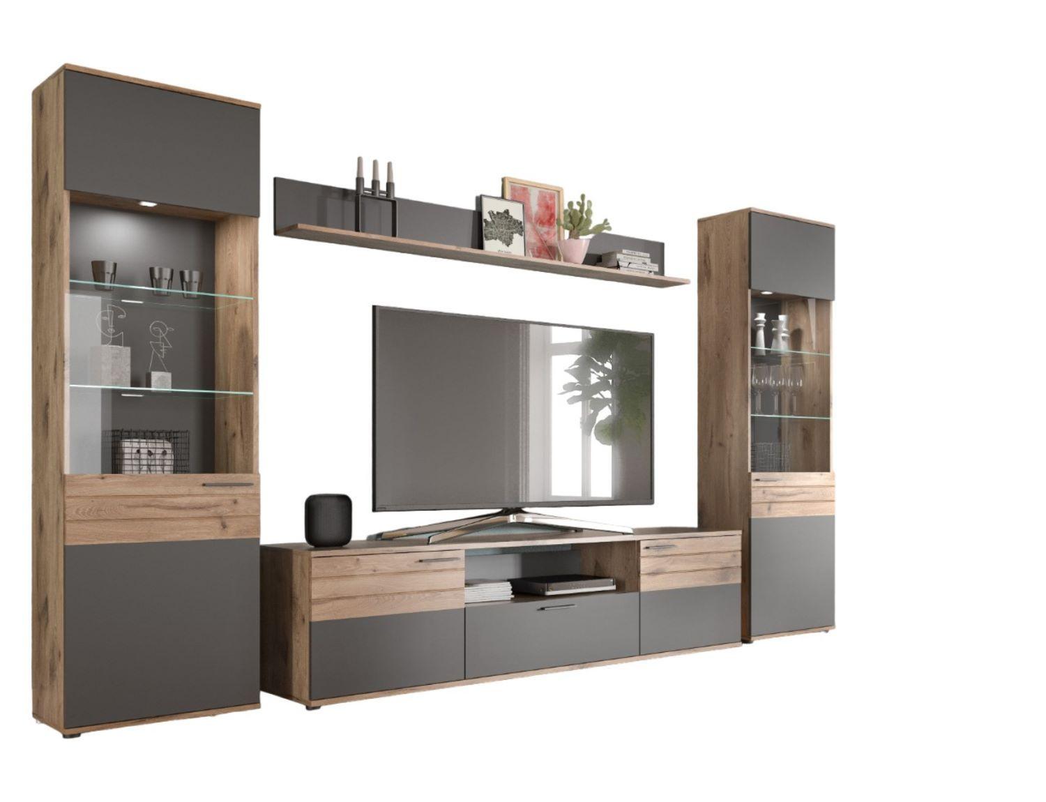 Wohnwand Basalt Grau Nachbildung,324 cm - Glas/Holzwerkstoff (324/200/47cm) - MID.YOU