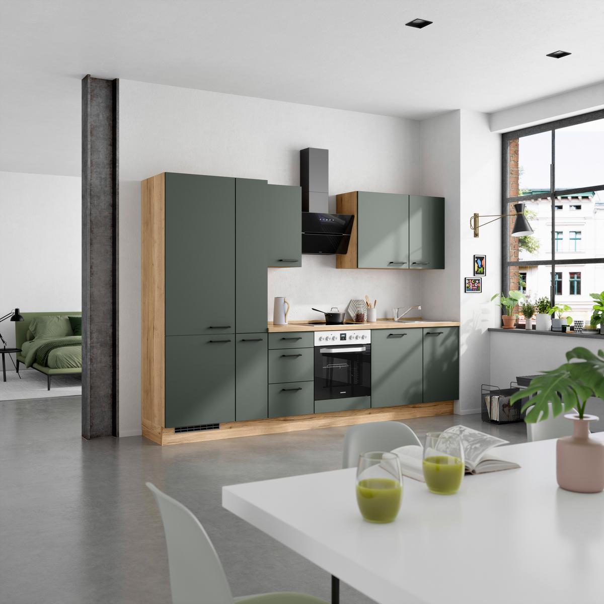 Küchenleerblock Easytouch High-Line, H7 Links - Dunkelgrün/Eichefarben, MODERN, Holzwerkstoff (300cm) - Nobilia