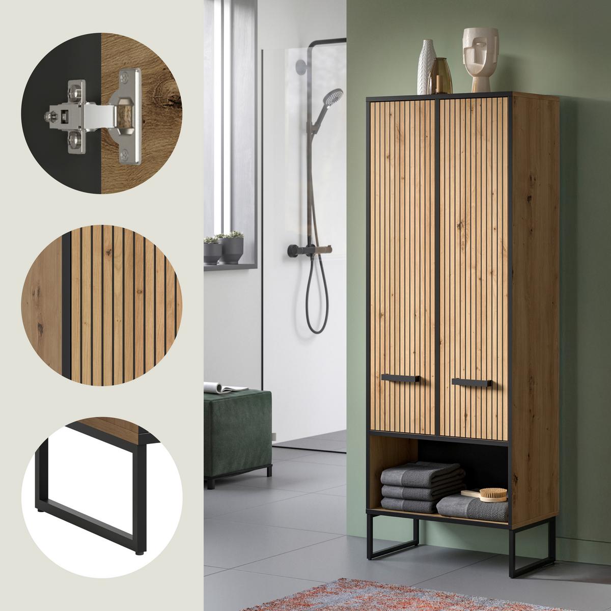 Hochschrank Bagno Schwarz /Eiche Artisan Dekor B: 59cm - Schwarz/Eiche Artisan, Trend, Holzwerkstoff (59/159/32cm) - MID.YOU