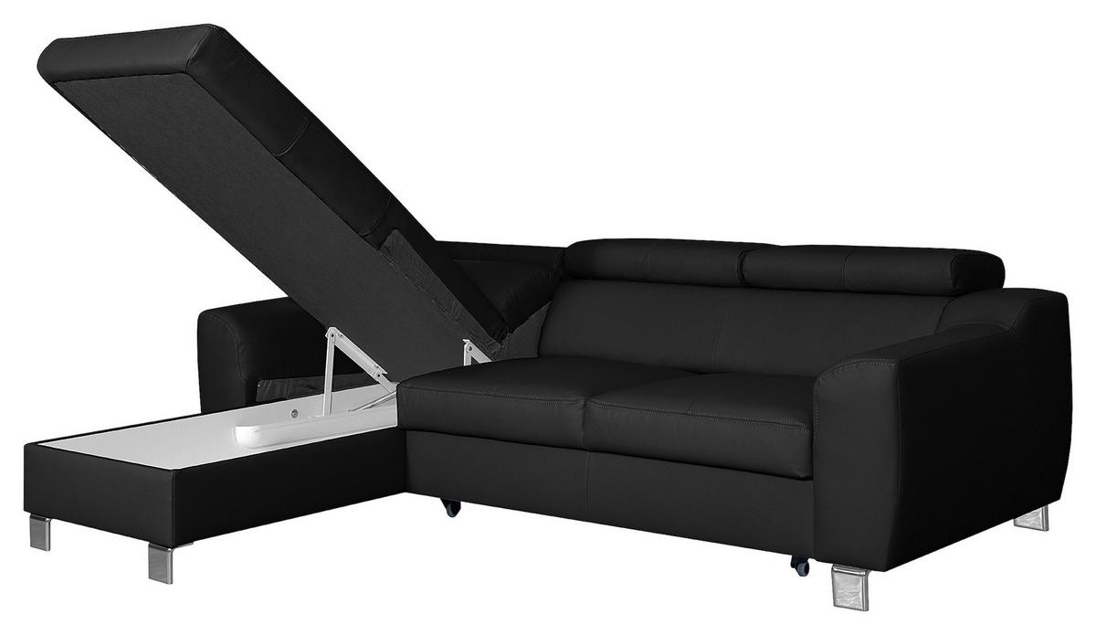 Ecksofa Aspen Mit Bettkasten Lederlook Schwarz 176x242 Cm - Chromfarben/Schwarz, Design, Leder/Textil (176/242cm) - Livetastic