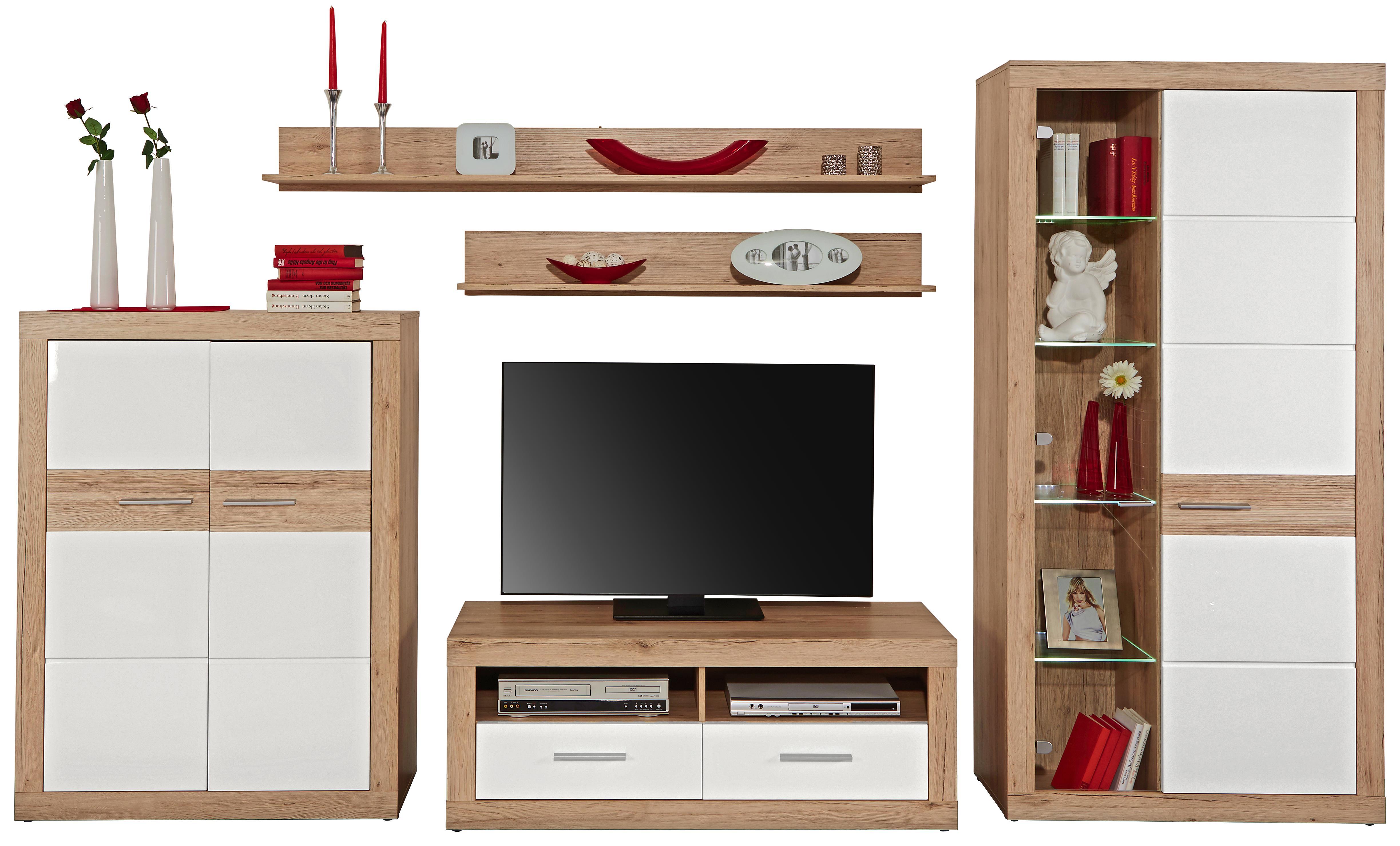 Wohnkombination Malta 4 B:320cm San Remo Dekor/Weiß - Eichefarben/Weiß, MODERN, Glas/Holzwerkstoff (320/197/42cm)