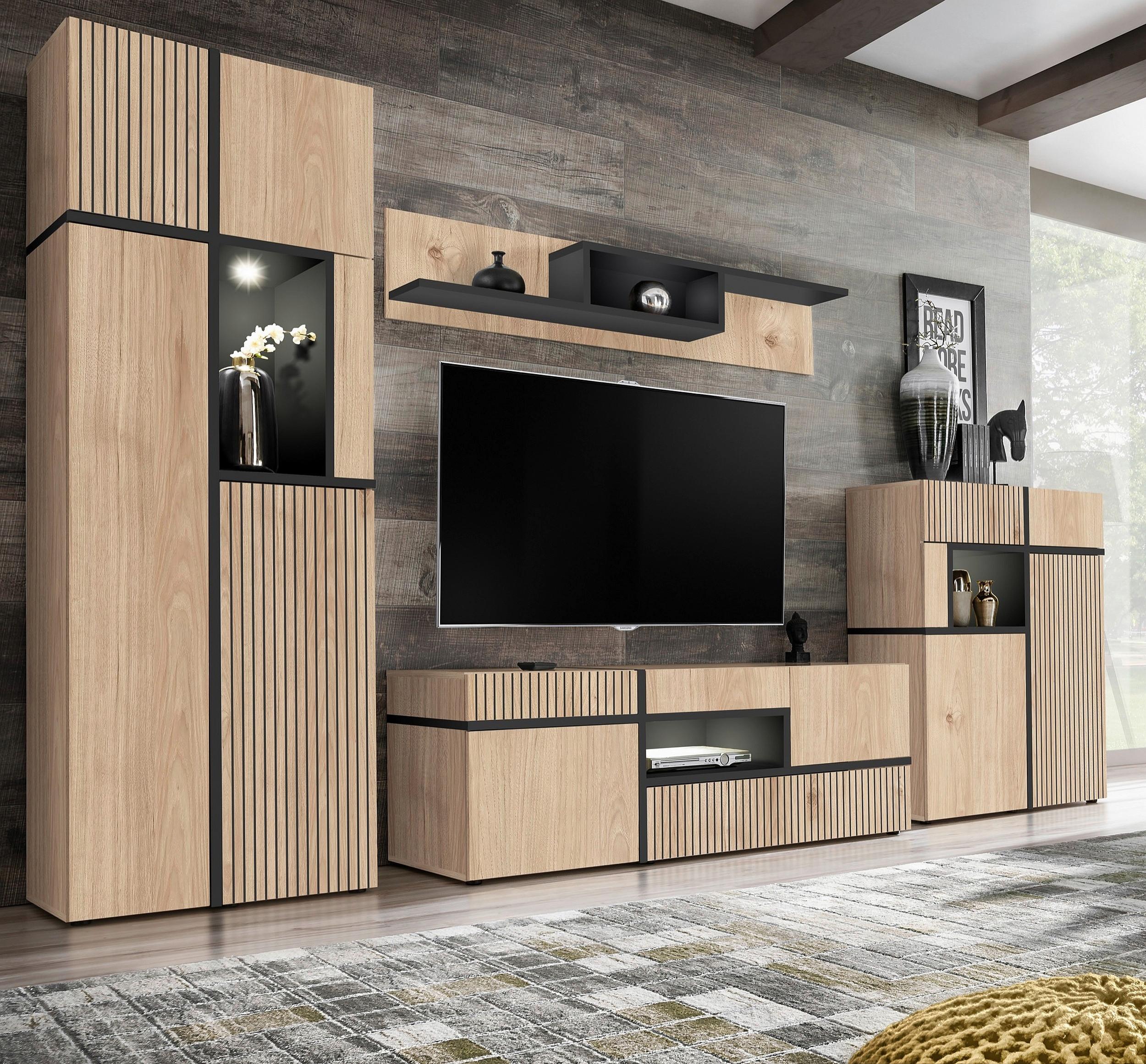 Obývací stěna černá/orechovec - ořechovec/černá, Moderní, kompozitní dřevo/plast (330/195/50cm) - Premium Living