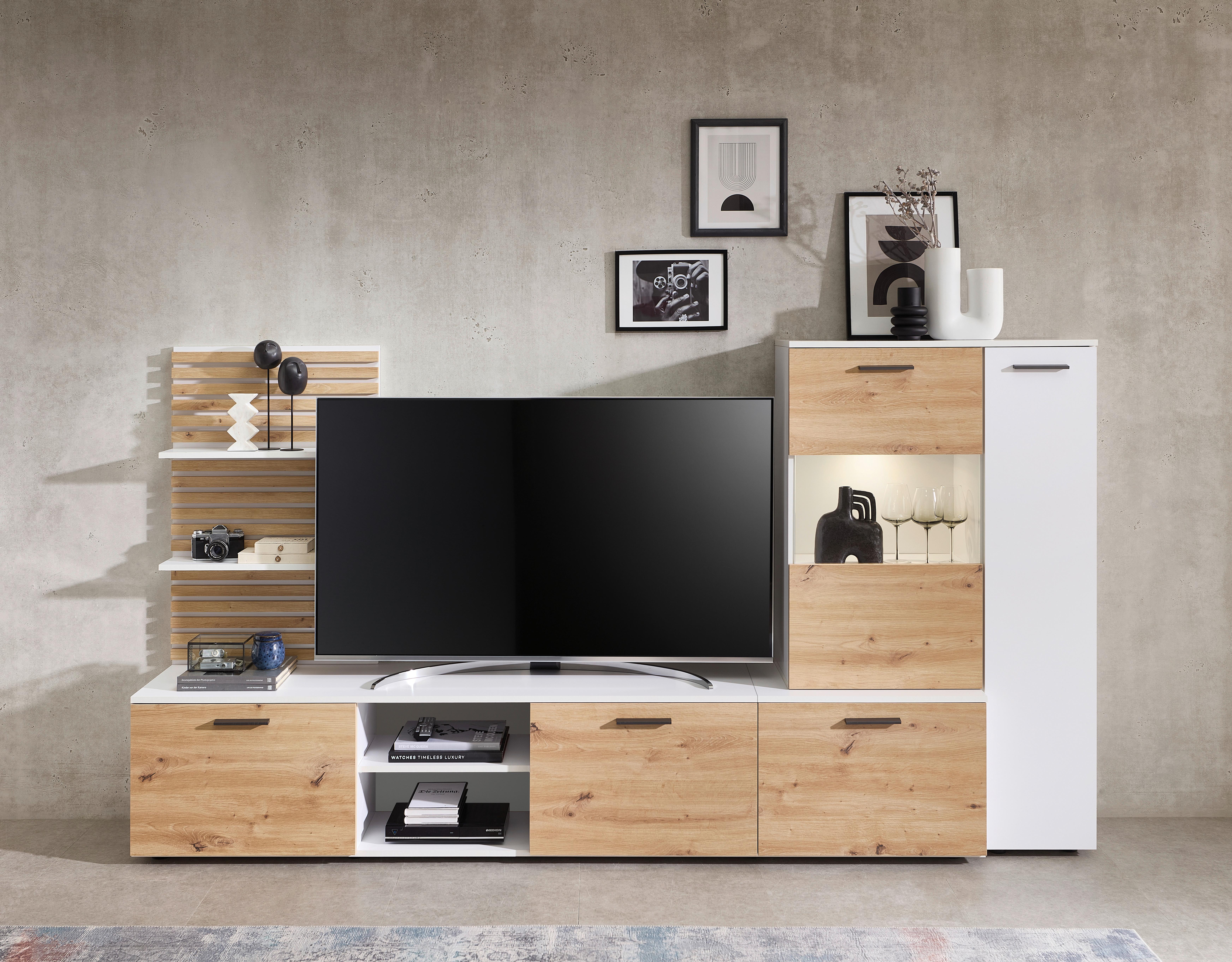 Wohnwand Heathrow, Weiß, Eiche Artisan Dekor,b: 250 Cm - Schwarz/Weiß, Design, Glas/Holzwerkstoff (250/135/38cm) - MID.YOU