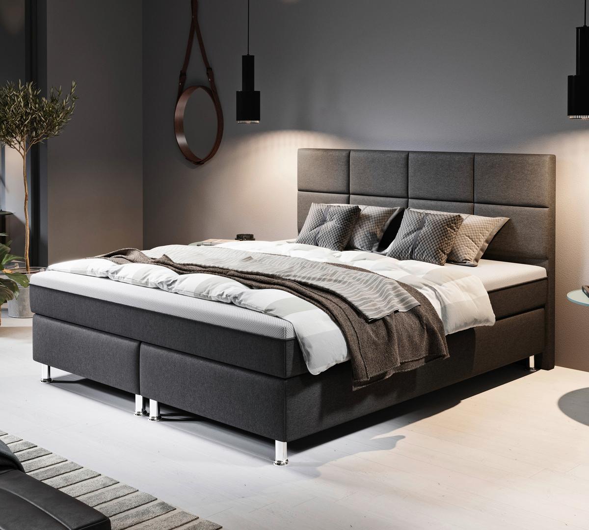 Boxspringbett mit Topper 180x200 Rotterdam Plus-F - Anthrazit/Silberfarben, KONVENTIONELL, Textil (180/200cm) - MID.YOU