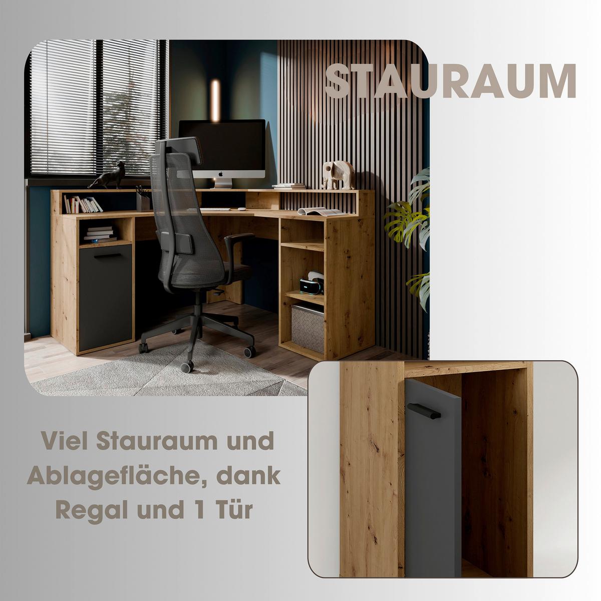 Schreibtisch Fox - Anthrazit/Eiche Artisan, MODERN, Holzwerkstoff (139/139/90,8cm) - MID.YOU
