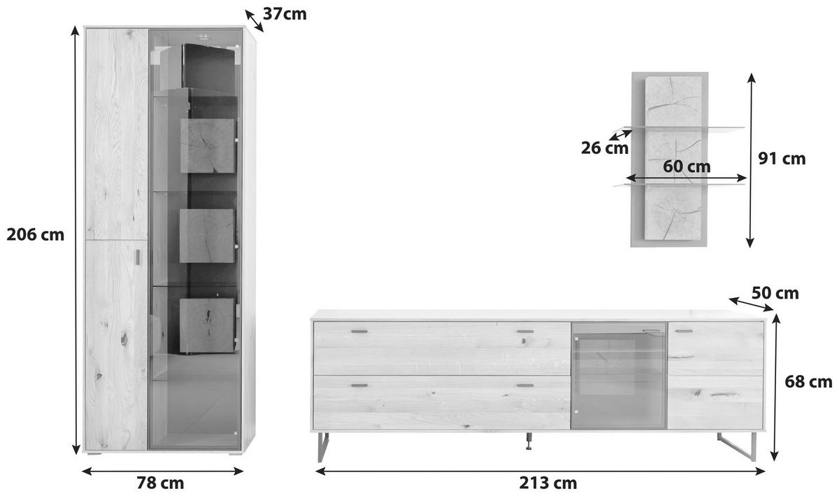Wohnwand Assini Wildeiche B: 306 cm - Wildeiche/Schwarz, Design, Glas/Holz (306/206/50cm) - MID.YOU