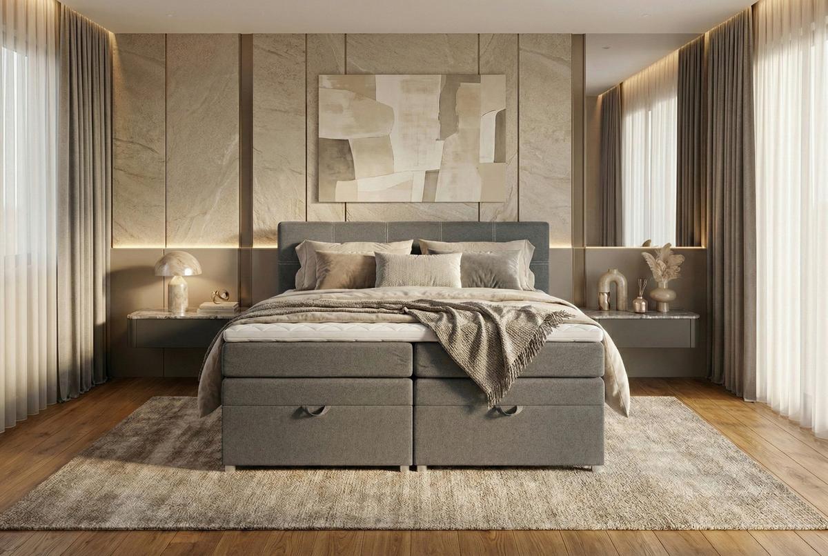 Boxspringbett Royal 180x200 Hellgrau - Chromfarben/Hellgrau, MODERN, Holzwerkstoff/Textil (180/200cm)