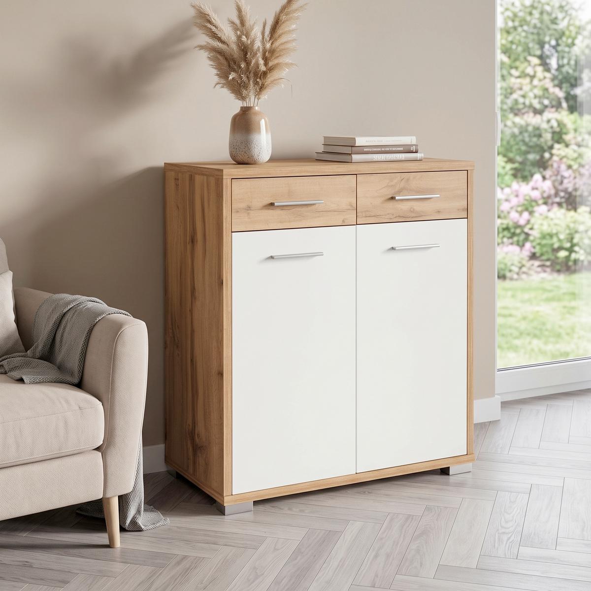 Kommode B: 98 m Q-BIG New, Wotan Eiche Dekor/Weiß - Eichefarben/Dunkelbraun, MODERN, Holz (98/105/44cm)