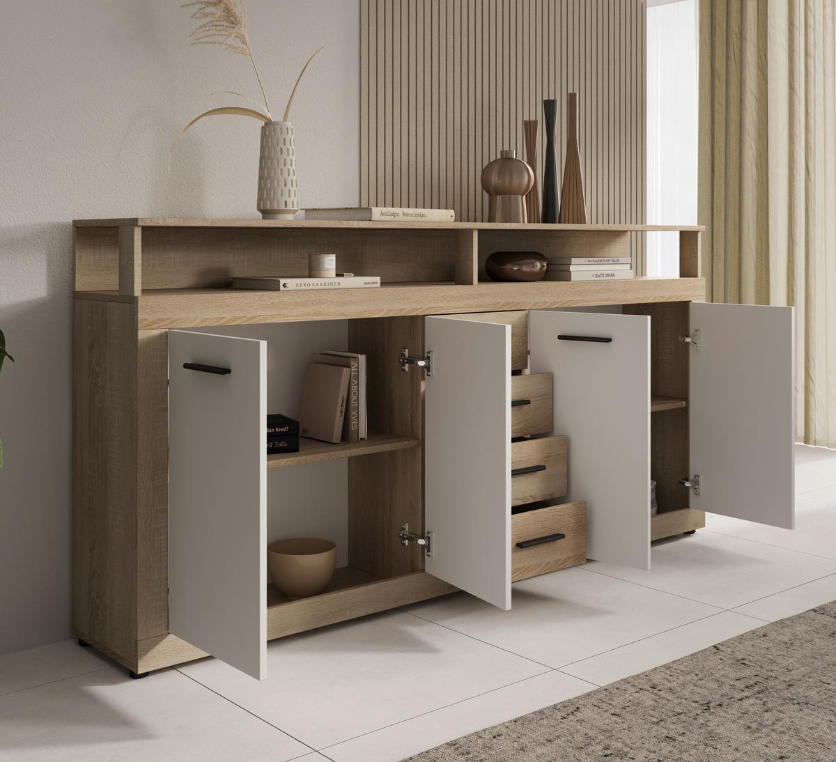 Sideboard Lupo Eiche Dekor Weiß B: 190 cm - Weiß/Sonoma Eiche, Design, Holzwerkstoff (190/96/32cm) - MID.YOU