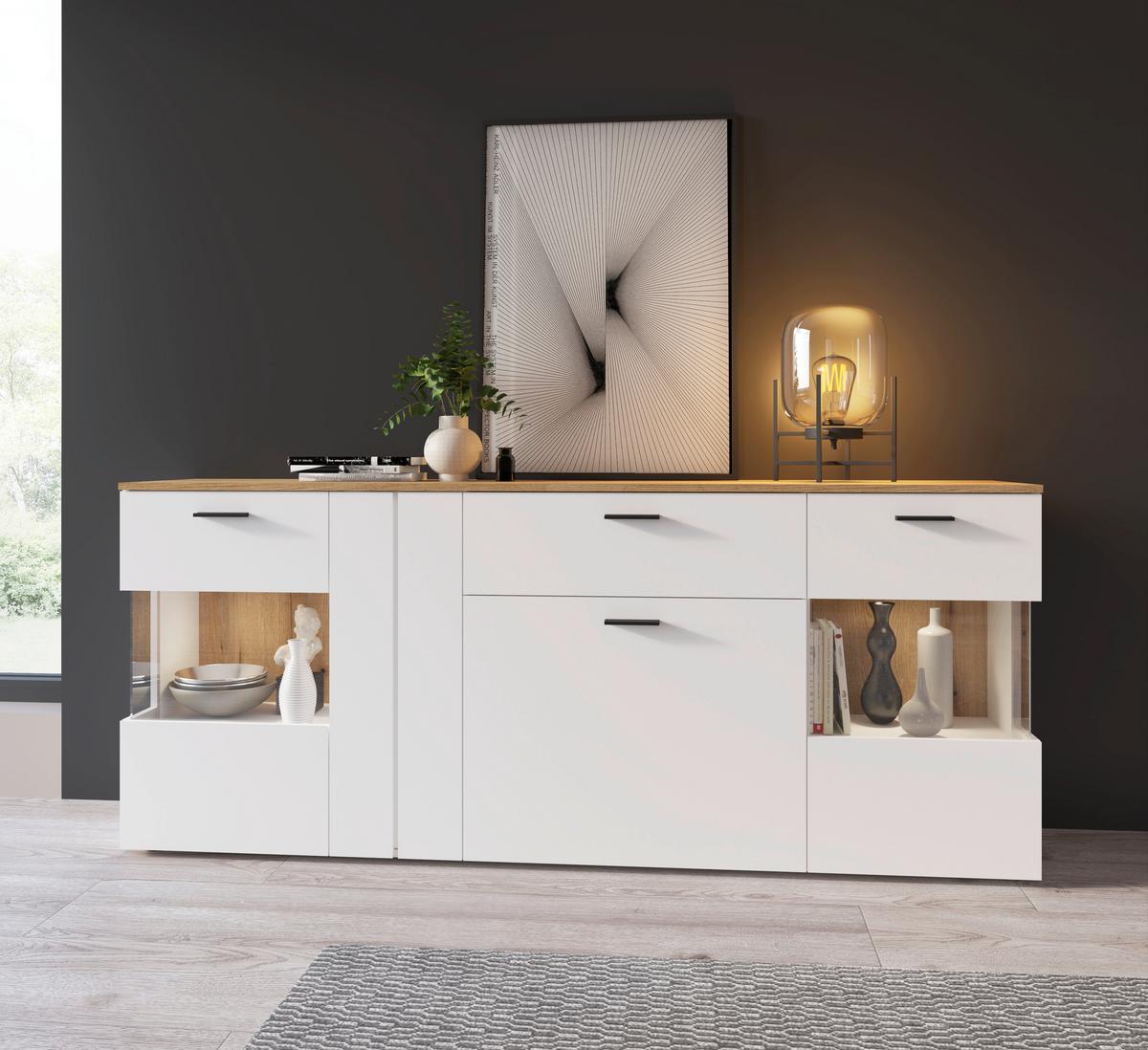 Sideboard Dalano Weiß/eichefarben B: 199,1 Cm - Eichefarben/Schwarz, Trend, Glas/Holzwerkstoff (199,1/83,4/42cm) - MID.YOU