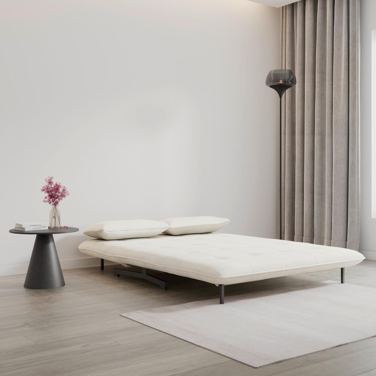 Rozkládací pohovka LUNA, bilé buklé, max.240 kg - bílá/černá, Moderní, kov/textil (142/40/62cm) - Bessagi Home