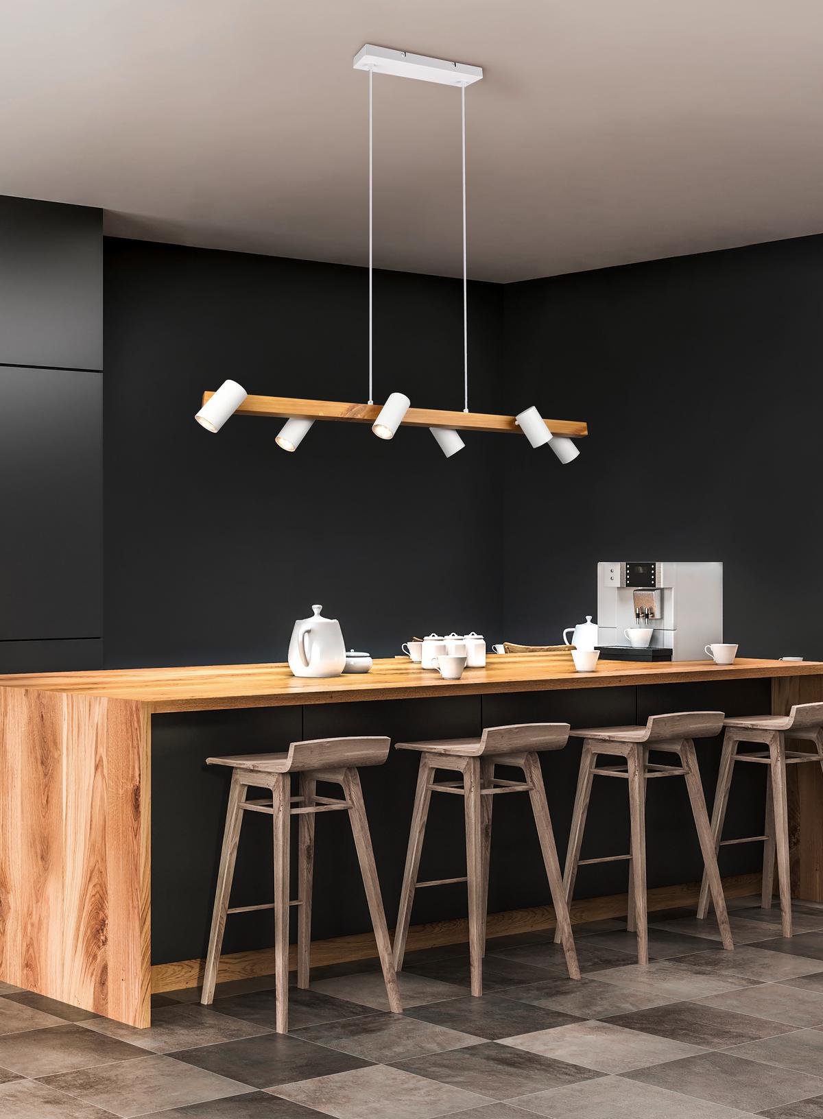 Hängeleuchte Marley H: 150 cm 6-Flammig - Naturfarben/Weiß, MODERN, Holz/Metall (115/150/20cm) - Trio Leuchten