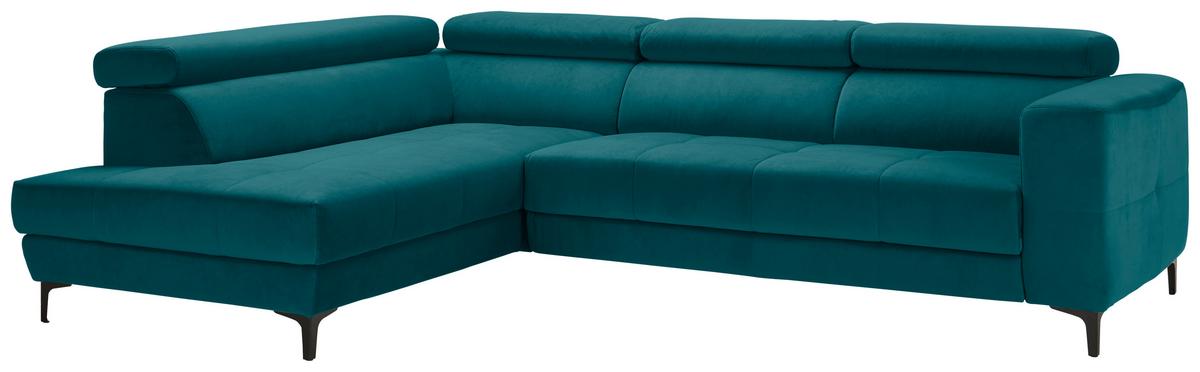 Rohová sedačka EMMA, levá, petrolej.,op.hl.,USB,el.výsuv - petrolej/černá, Moderní, textil (210/301cm) - Premium Living