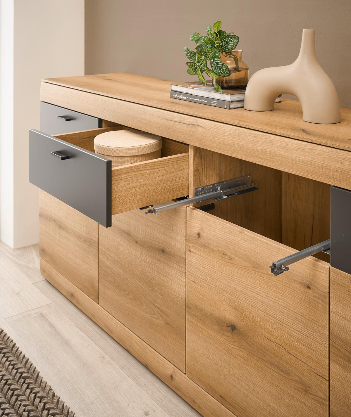 Sideboard Soleto Graphit-/Eichefarben B: 200cm - Eichefarben/Schwarz, Design, Holzwerkstoff (200/87/42cm) - MID.YOU