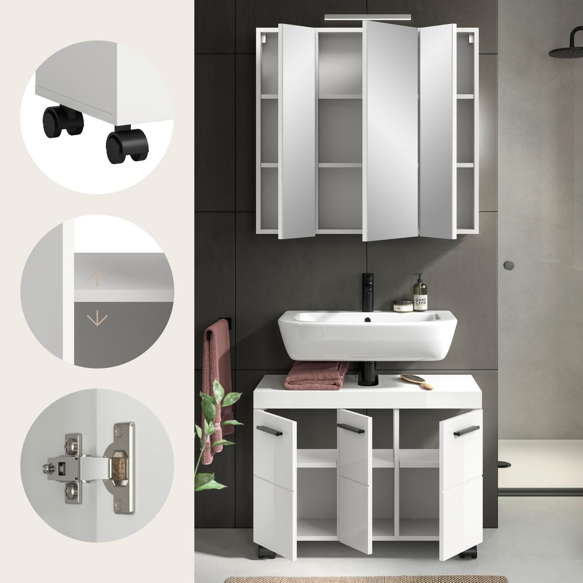 Badezimmer Nova Weiß B: 82cm - Weiß Hochglanz/Schwarz, Trend, Glas/Holzwerkstoff (82cm) - MID.YOU