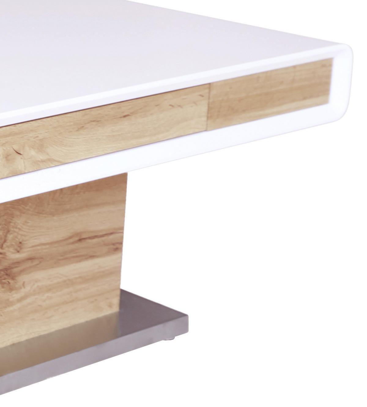 Couchtisch Mit Lade Kopenhagen, Eiche Dekor/weiß - Edelstahlfarben/Eichefarben, MODERN, Holzwerkstoff/Metall (130/49-78/70cm)