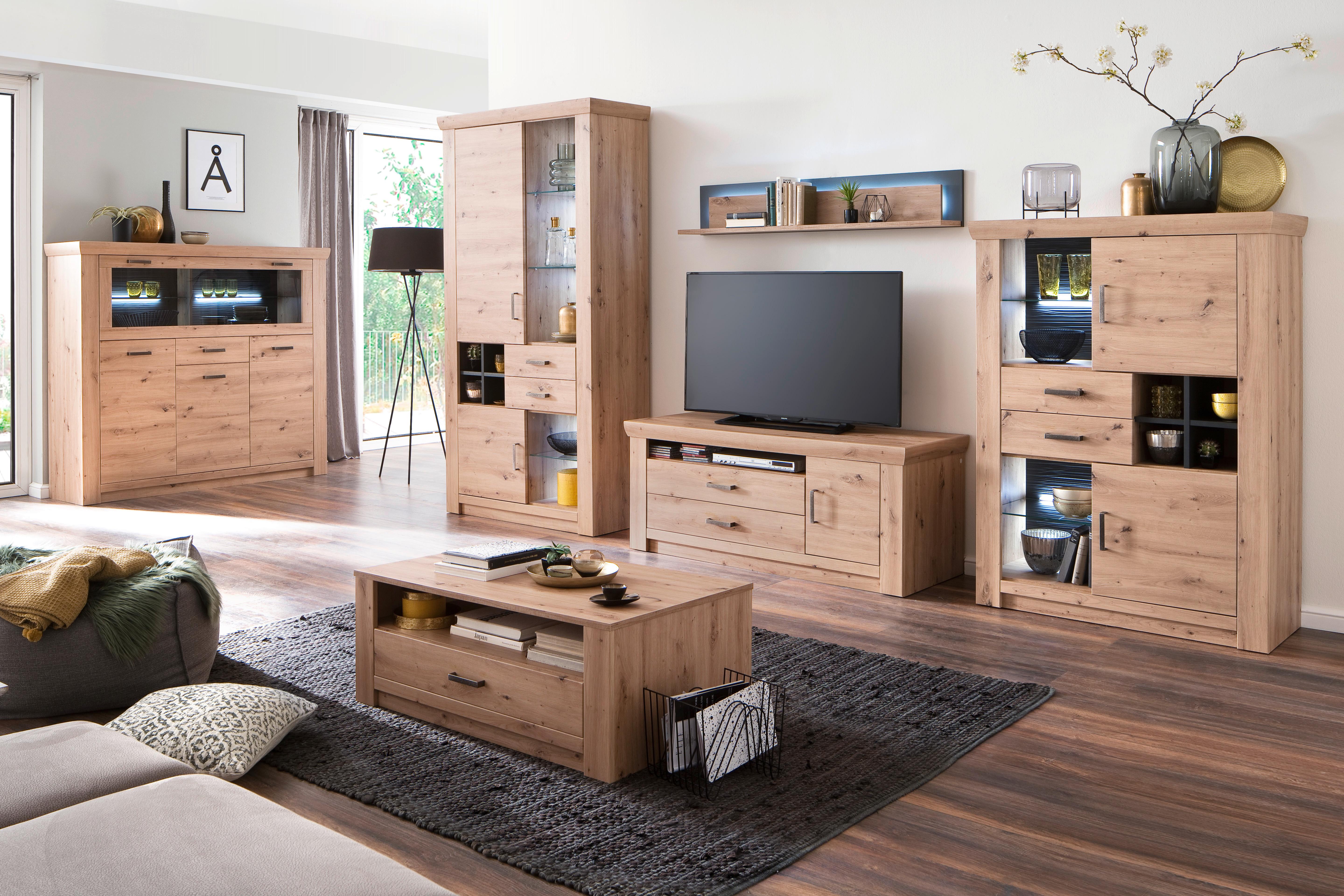 Wohnkombination 4-Tlg. Meran Anthrazit/Eichefarben - Eichefarben/Anthrazit, Design, Glas/Holzwerkstoff (371/211/55cm) - Livetastic