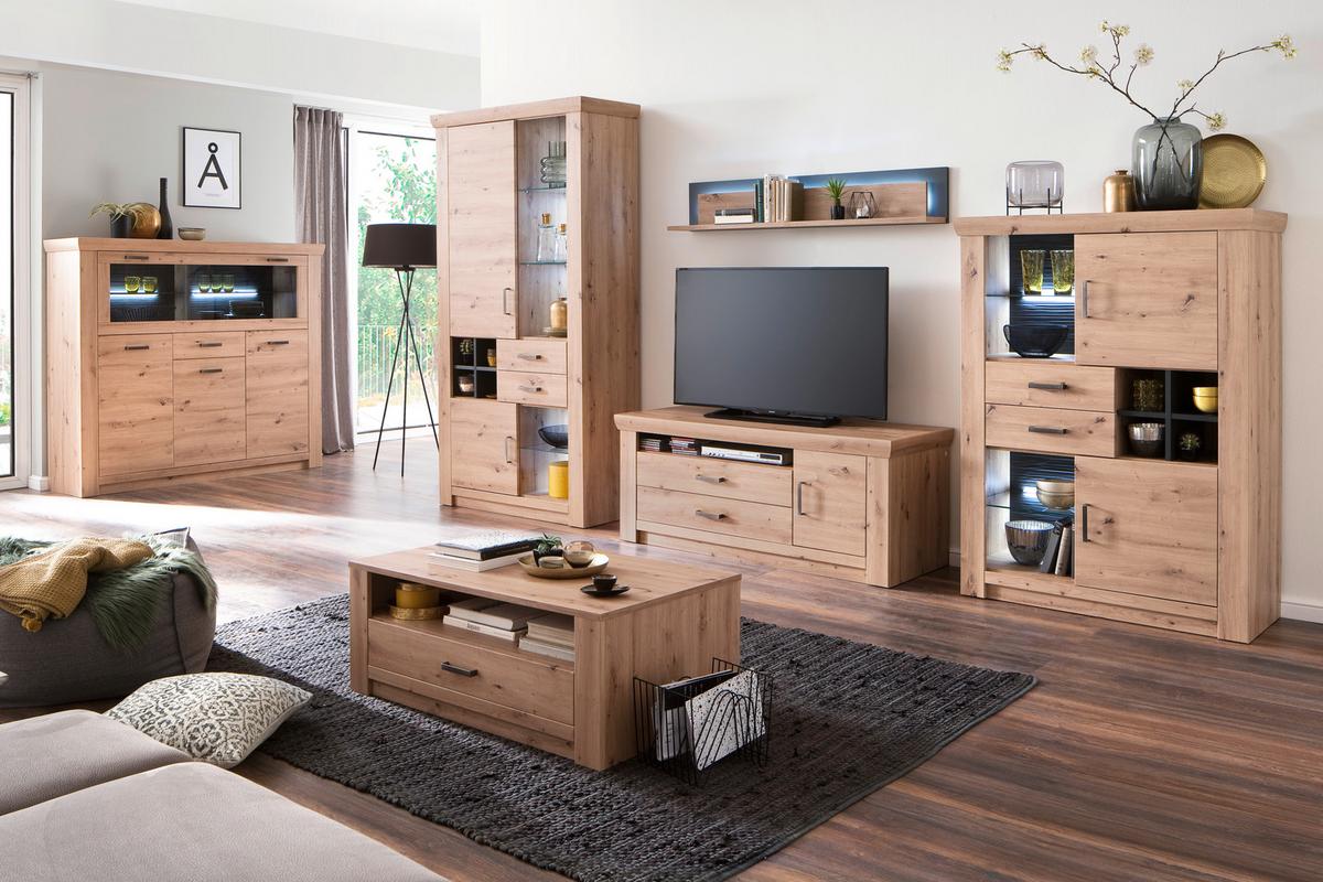 Wohnkombination 4-Tlg. Meran Anthrazit/Eichefarben - Eichefarben/Anthrazit, Design, Glas/Holzwerkstoff (371/211/55cm) - Livetastic