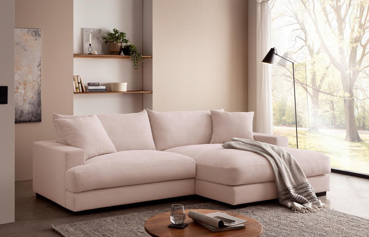 Rohová sedačka PELLE, pravá, růžový manšestr - růžová/černá, Moderní, textil (265/180cm)