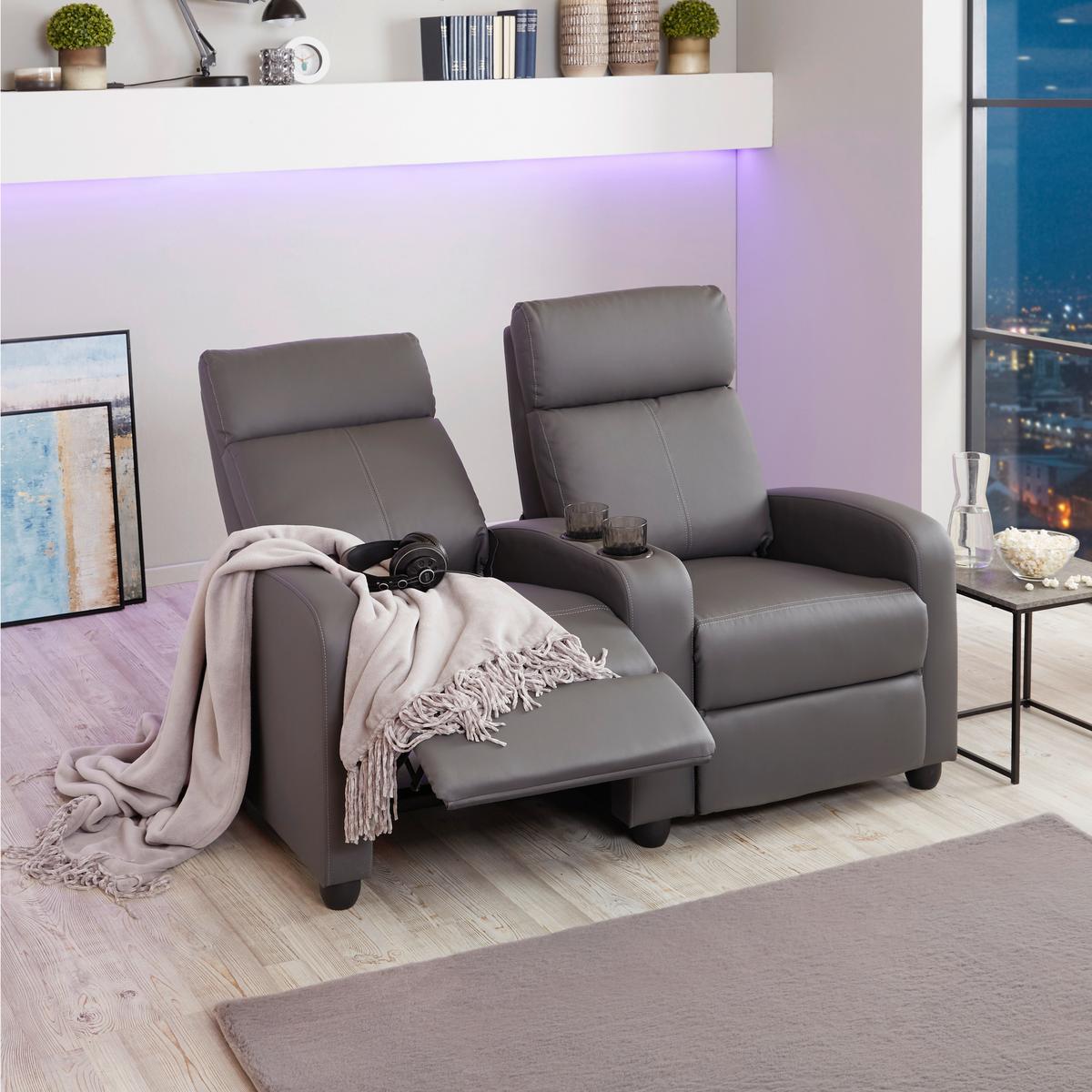 Heimkino-Sofa mit Relaxfunktion Movie Lederlook Grau - Schwarz/Grau, KONVENTIONELL, Textil (128/100/87cm) - MID.YOU
