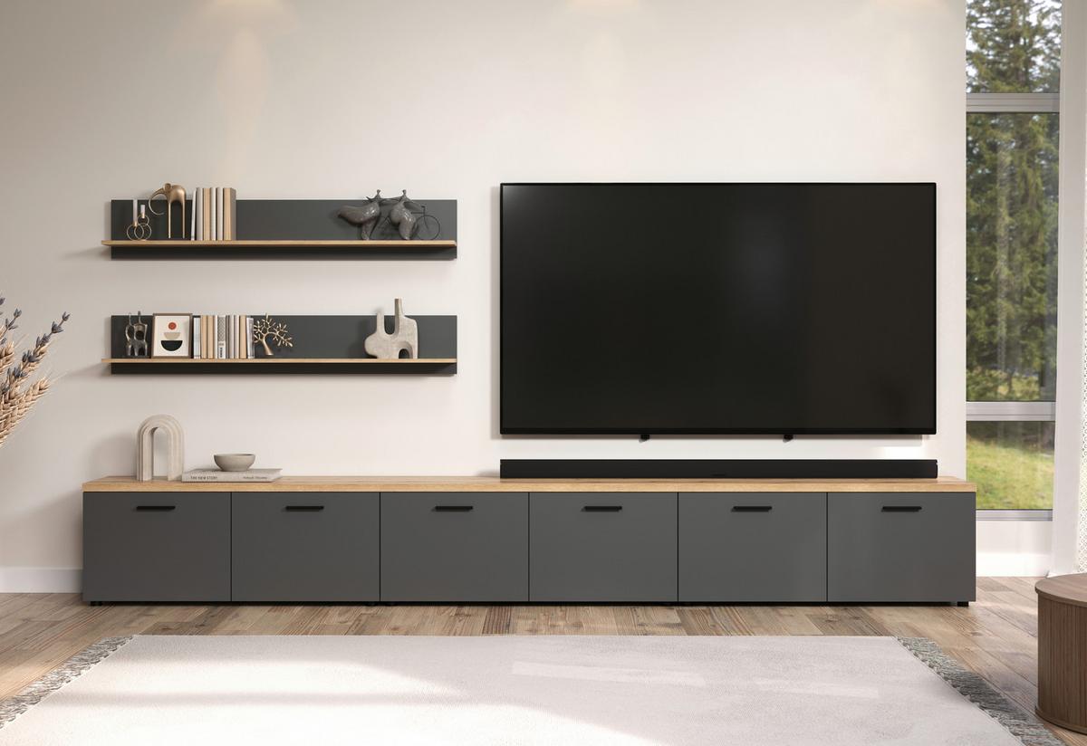 Wohnwand Baggio Anthrazit/Eichefarben B: 360cm - Eichefarben/Anthrazit, Design, Holzwerkstoff (360/180/40cm) - MID.YOU