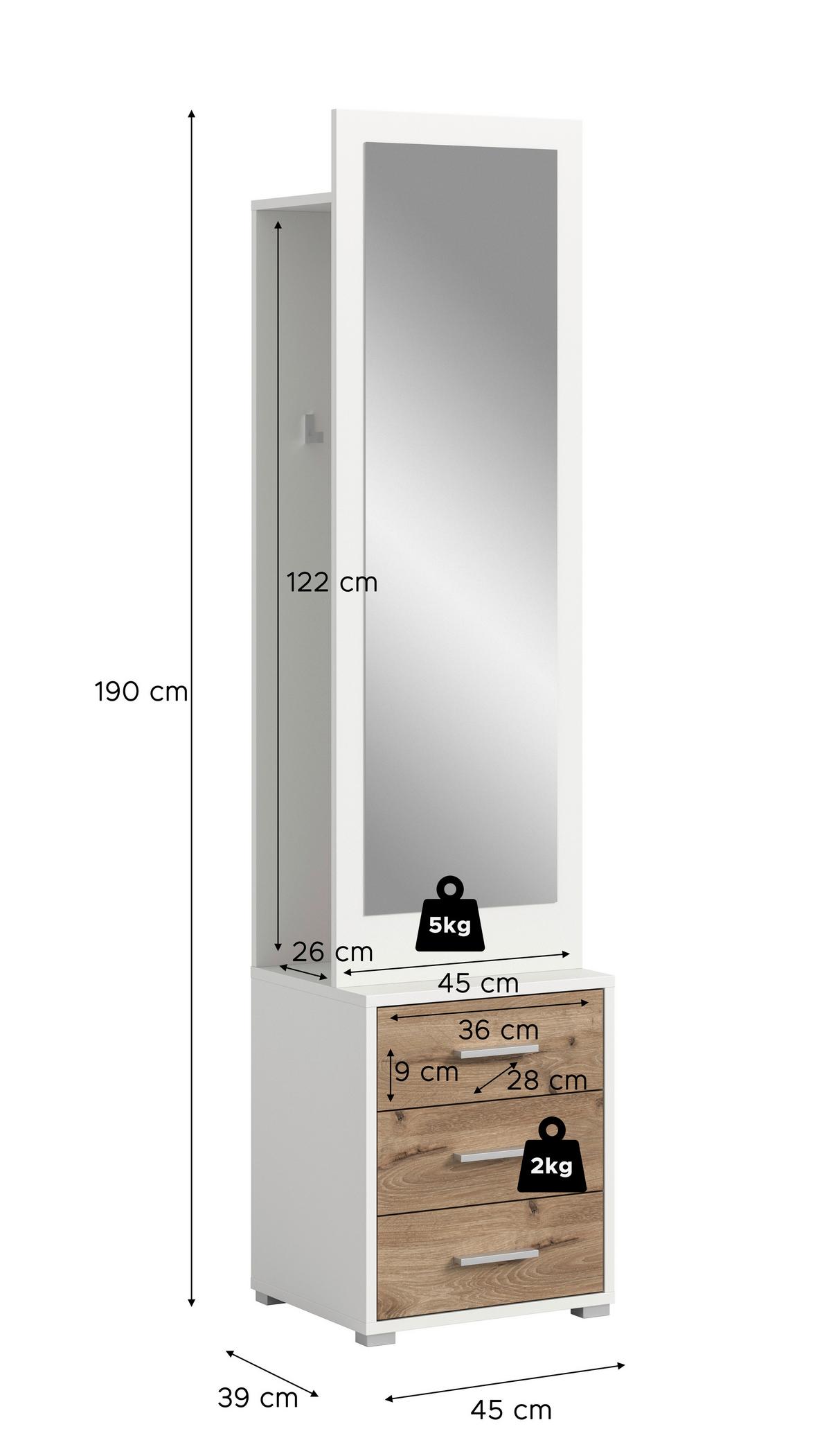 Garderobe Polo 2-teilig Eiche Dunkel/weiß B: 45 Cm - Eiche dunkel/Weiß, Design, Holzwerkstoff (45/190/38cm) - Livetastic