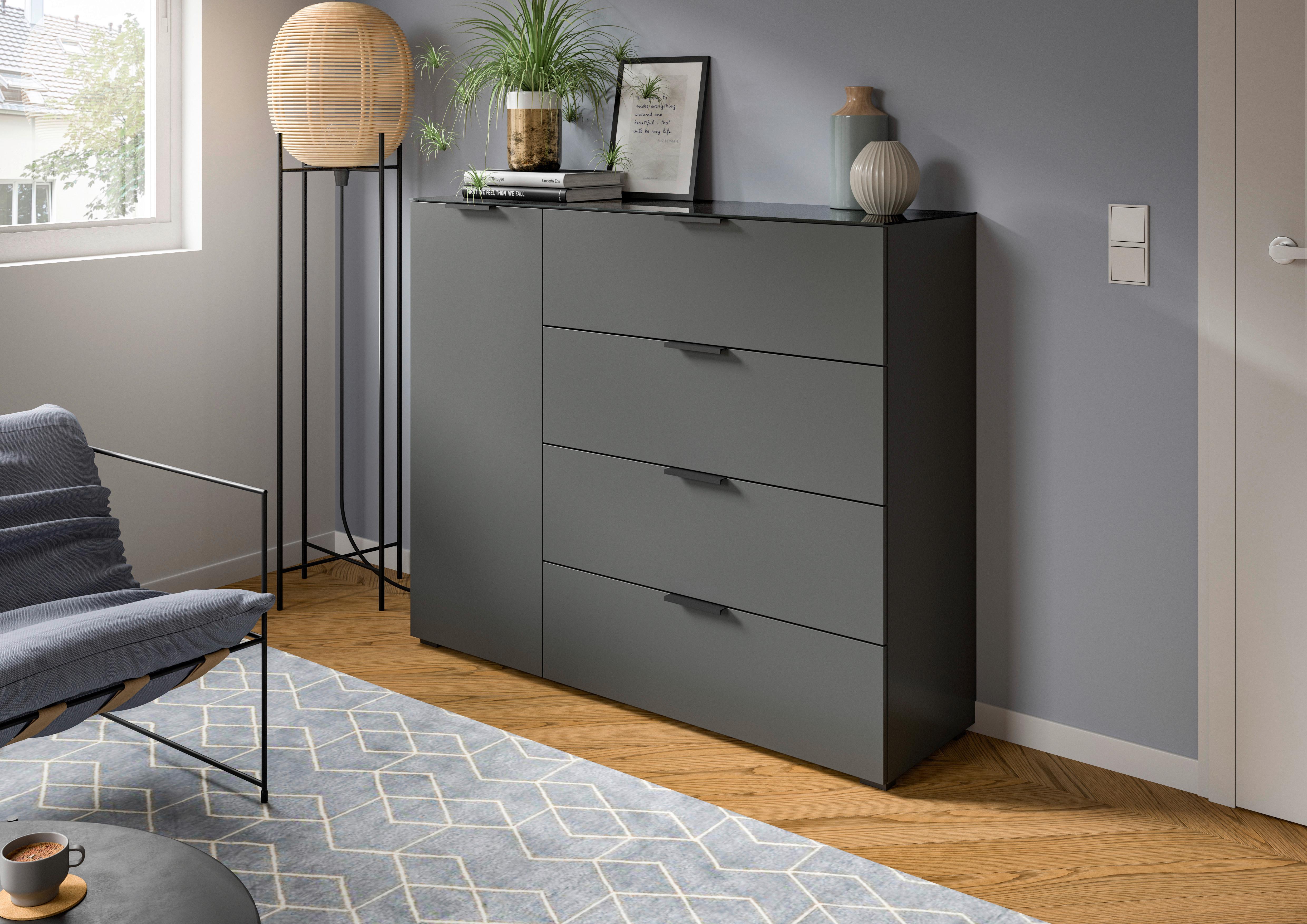 Kommode Ray Anthrazit B: 135 cm - Anthrazit, Design, Glas/Holzwerkstoff (135/112/40cm) - Livetastic