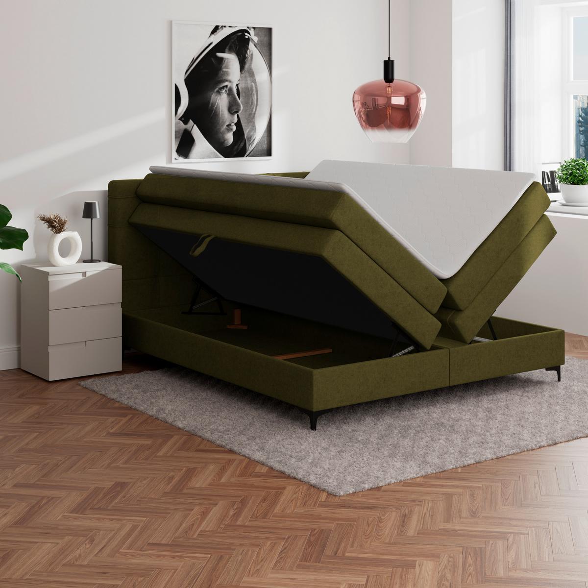 Boxspringbett MITTO Moosgrün 180x200 cm - Schwarz/Grün, KONVENTIONELL, Textil/Metall (180/200cm)