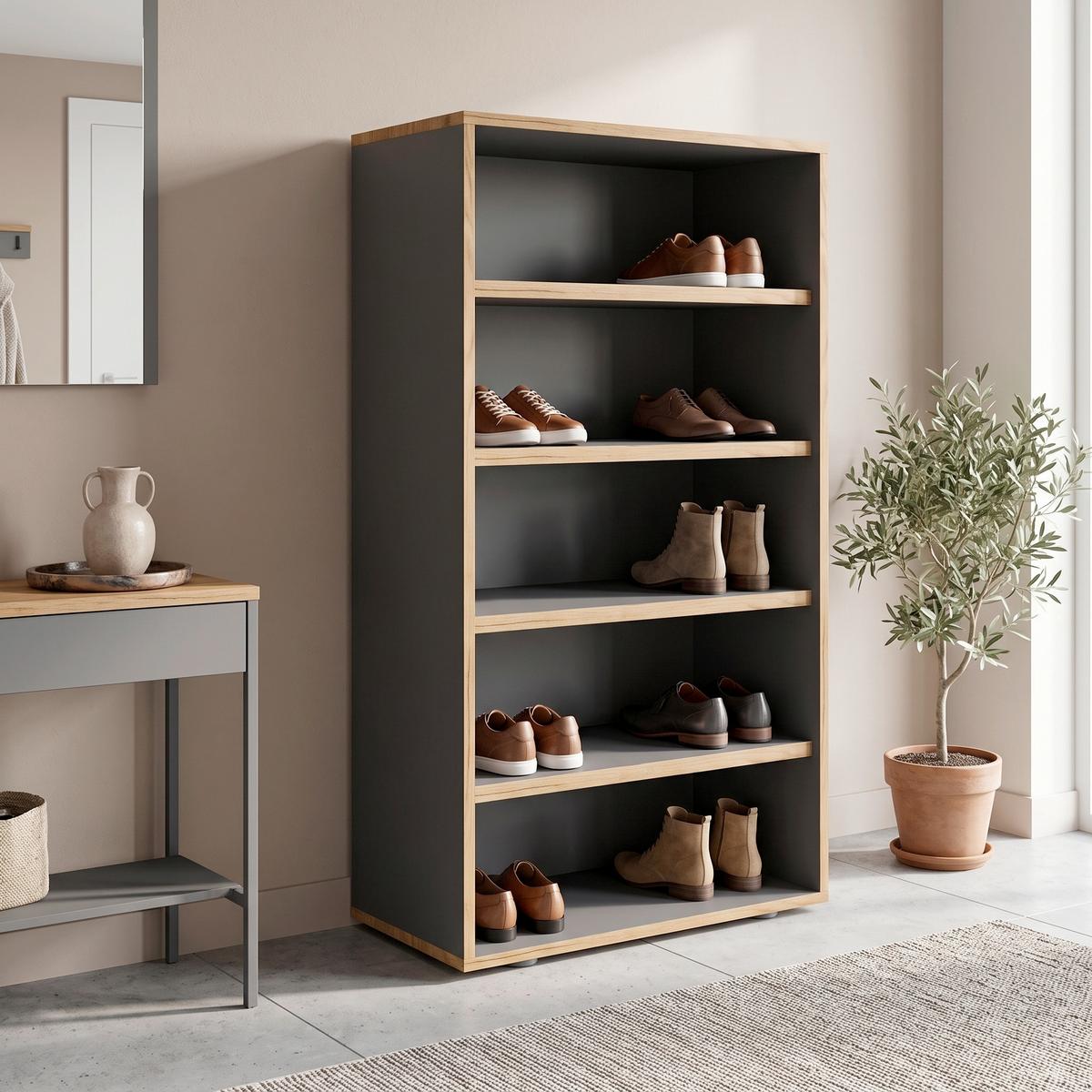 Skrinka na topánky SALIA Antracitová/dub medový š: 60cm - čierna/dub medový, Design, kompozitné drevo/plast (60/110/33cm) - MID.YOU