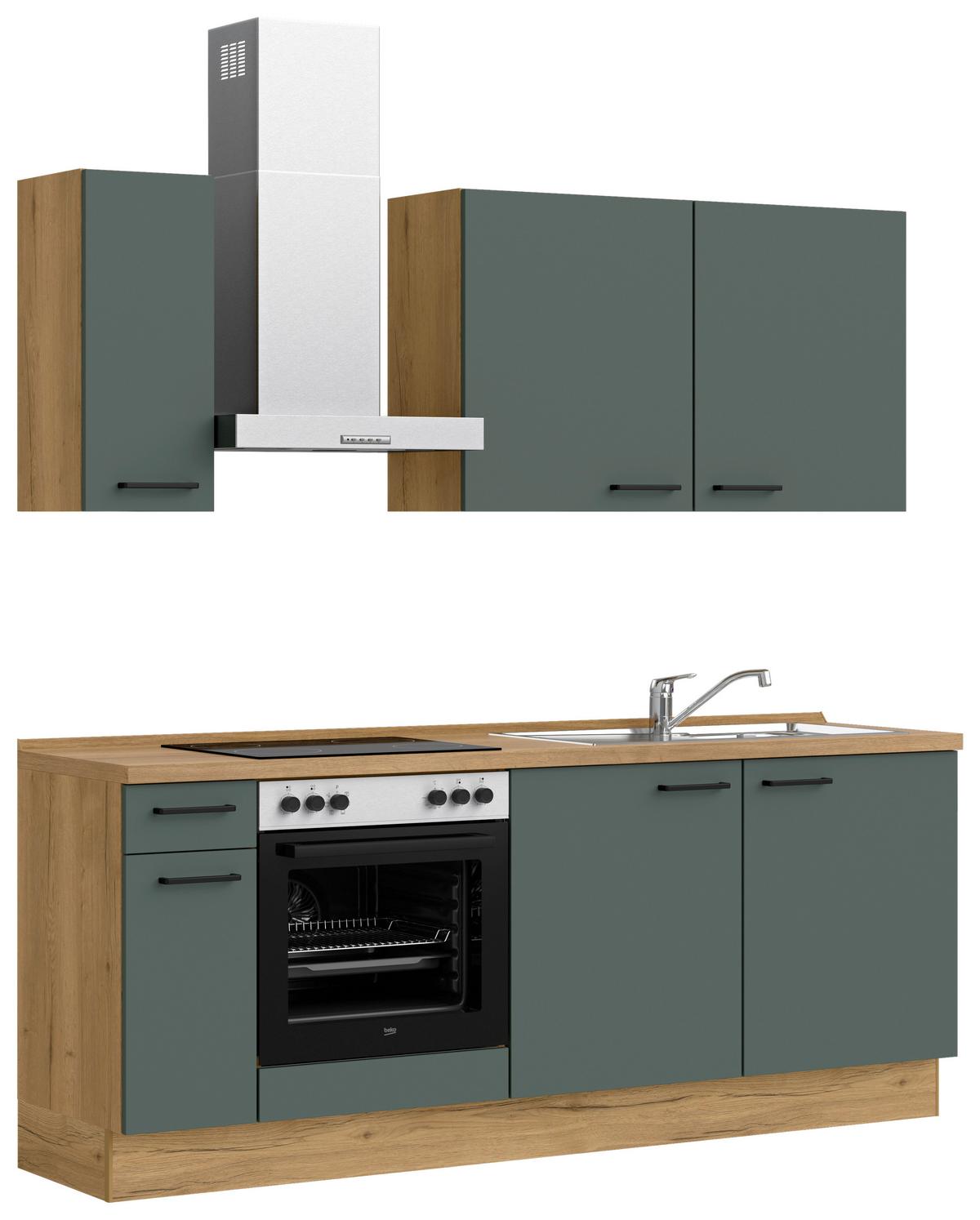 Kuchyňská linka 210 cm, minerální zelená,ultra matná - barvy dubu/černá, Moderní, kov/kompozitní dřevo (210cm) - Nobilia