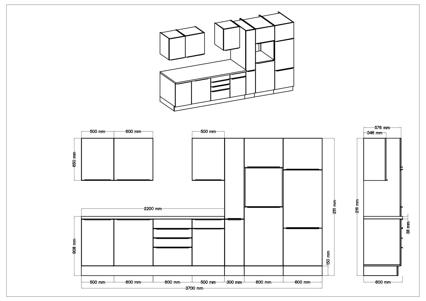 Küchenzeile Mit Geräten B: 370 Cm Grau/eiche Dekor - Anthrazit/Eiche Artisan, LIFESTYLE, Holzwerkstoff (370cm) - Respekta