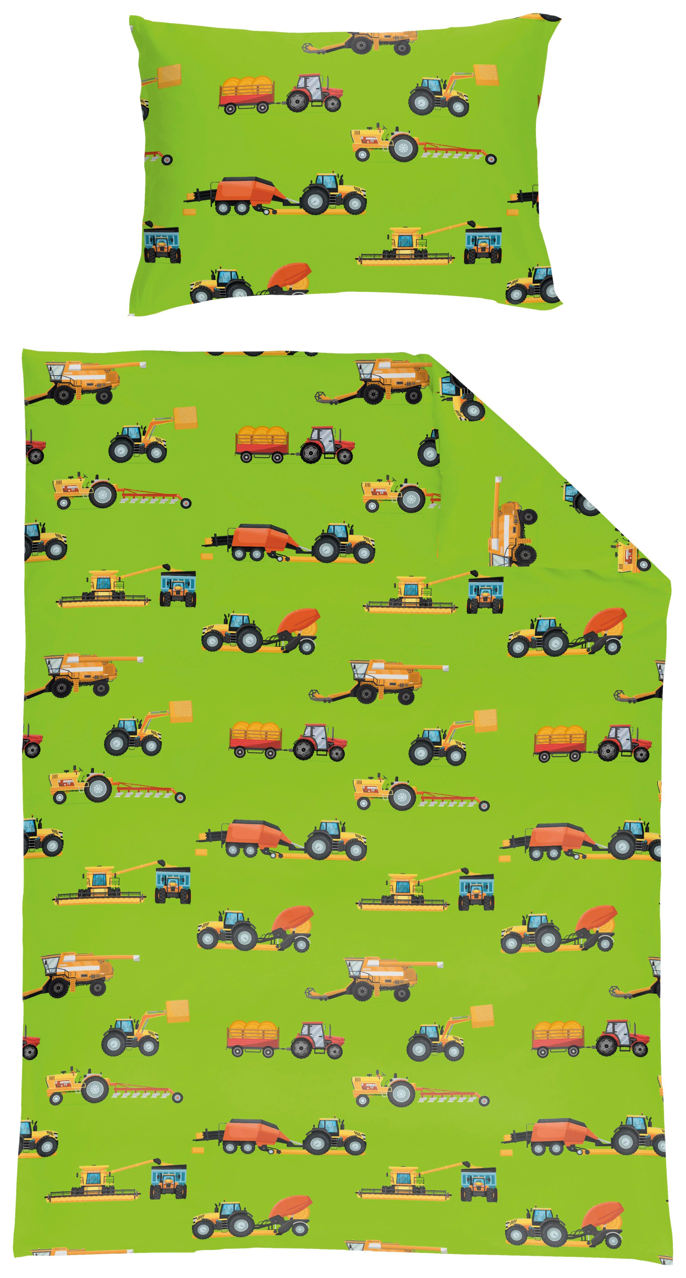 Kinderbettwäsche 140x200 cm Charly mit Traktoren Renforcé - Grün, MODERN, Textil - Luca Bessoni