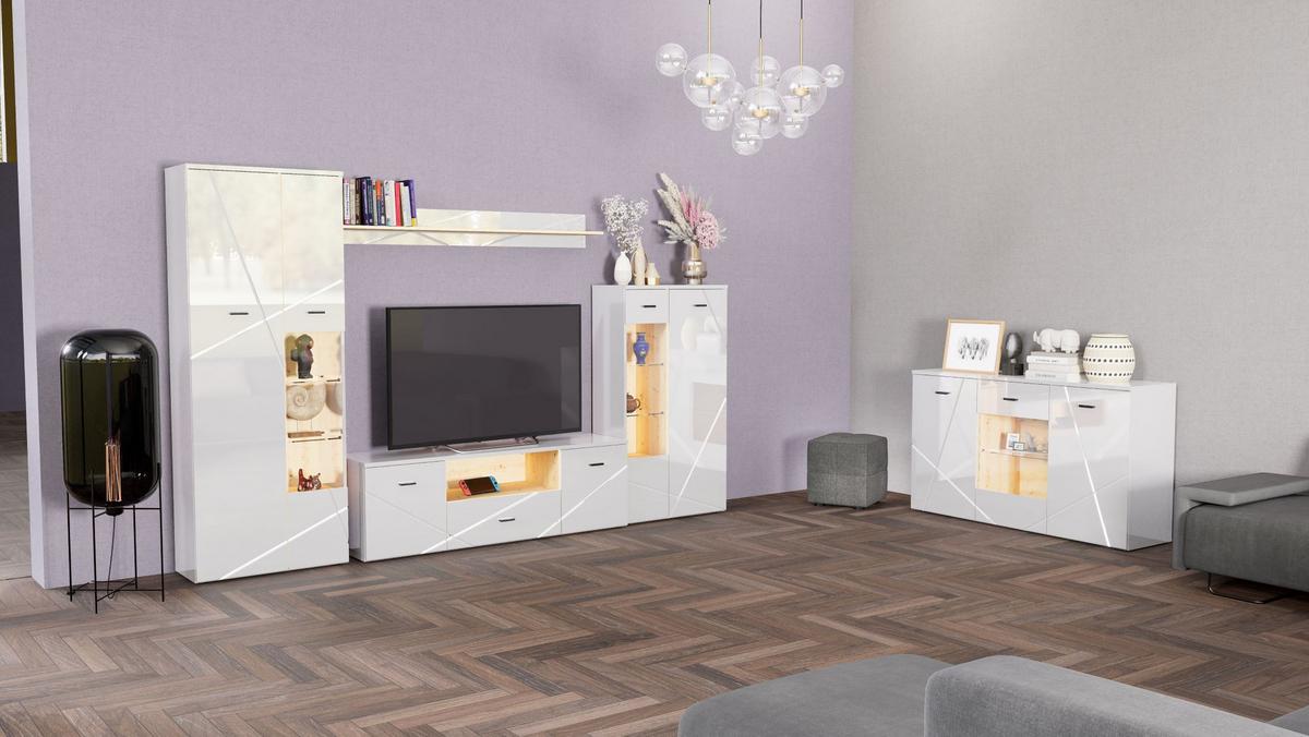 Wohnwand Modern 4 Tlg. Mit Led Storm, Weiß - Eichefarben/Schwarz, MODERN, Glas/Holzwerkstoff (340/196/40cm) - MID.YOU