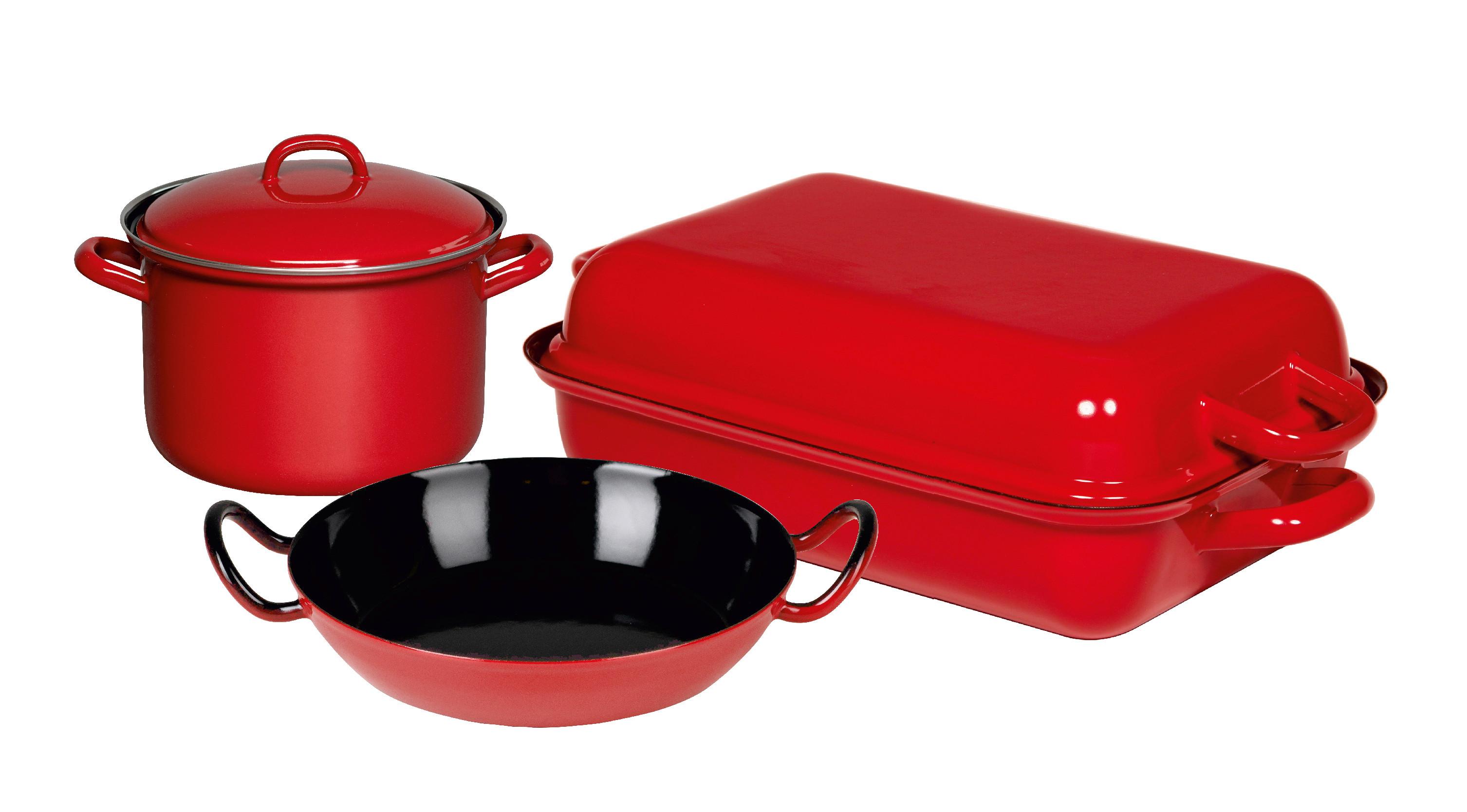 Riess Kochtopfset 5-tlg. Eisen Induktion 2 Pfannen - Rot, Basics, Metall (43/32/30cm) - Riess