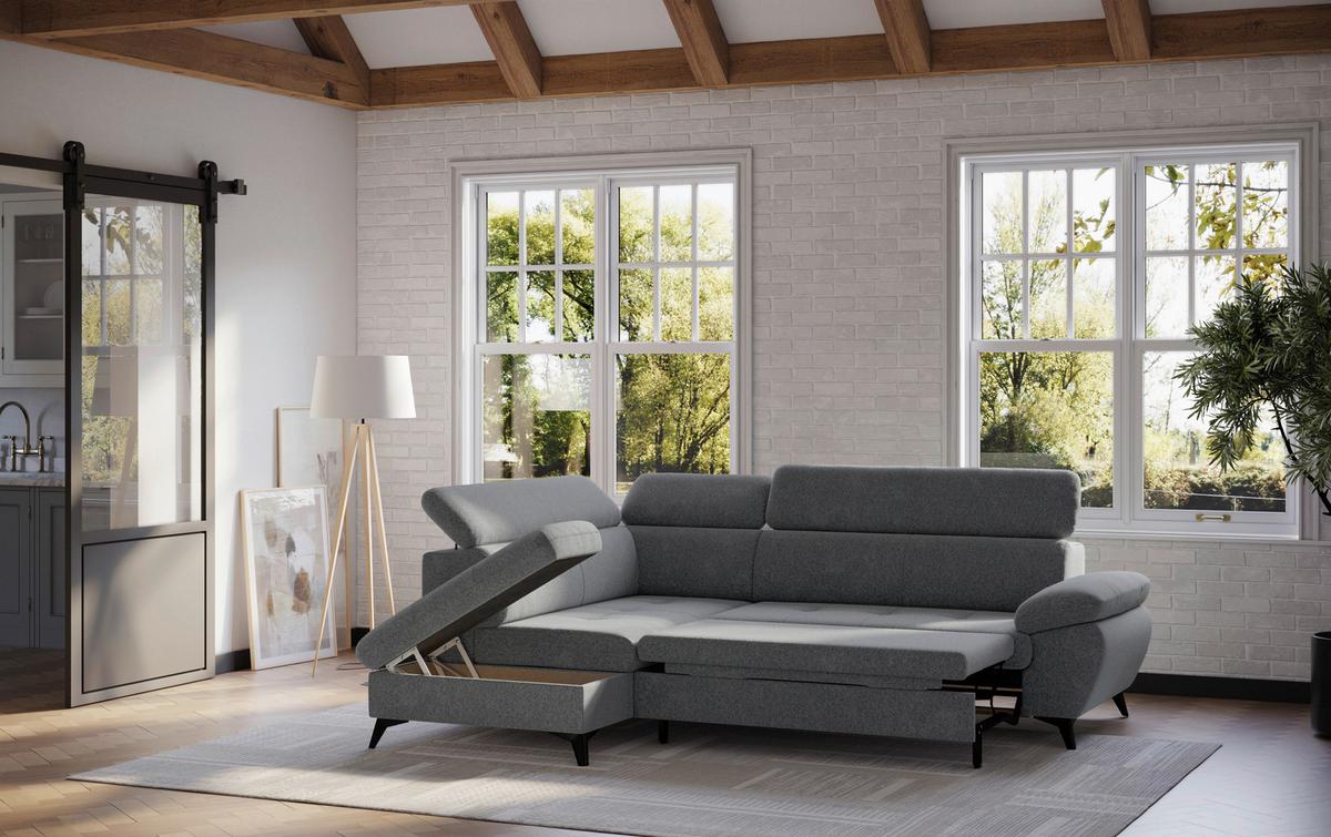 Ecksofa mit Bettfunktion Hudson, Chenille Dunkelgrau - Dunkelgrau/Schwarz, KONVENTIONELL, Textil (207/256cm) - Sembella