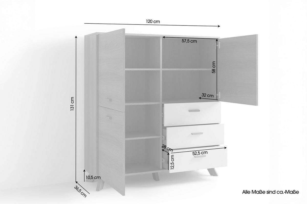 Highboard Bastian Eiche Bianco/Weiß B: 120 cm - Eiche Bianco/Eichefarben, Design, Holz/Holzwerkstoff (120/131/36,5cm) - MID.YOU