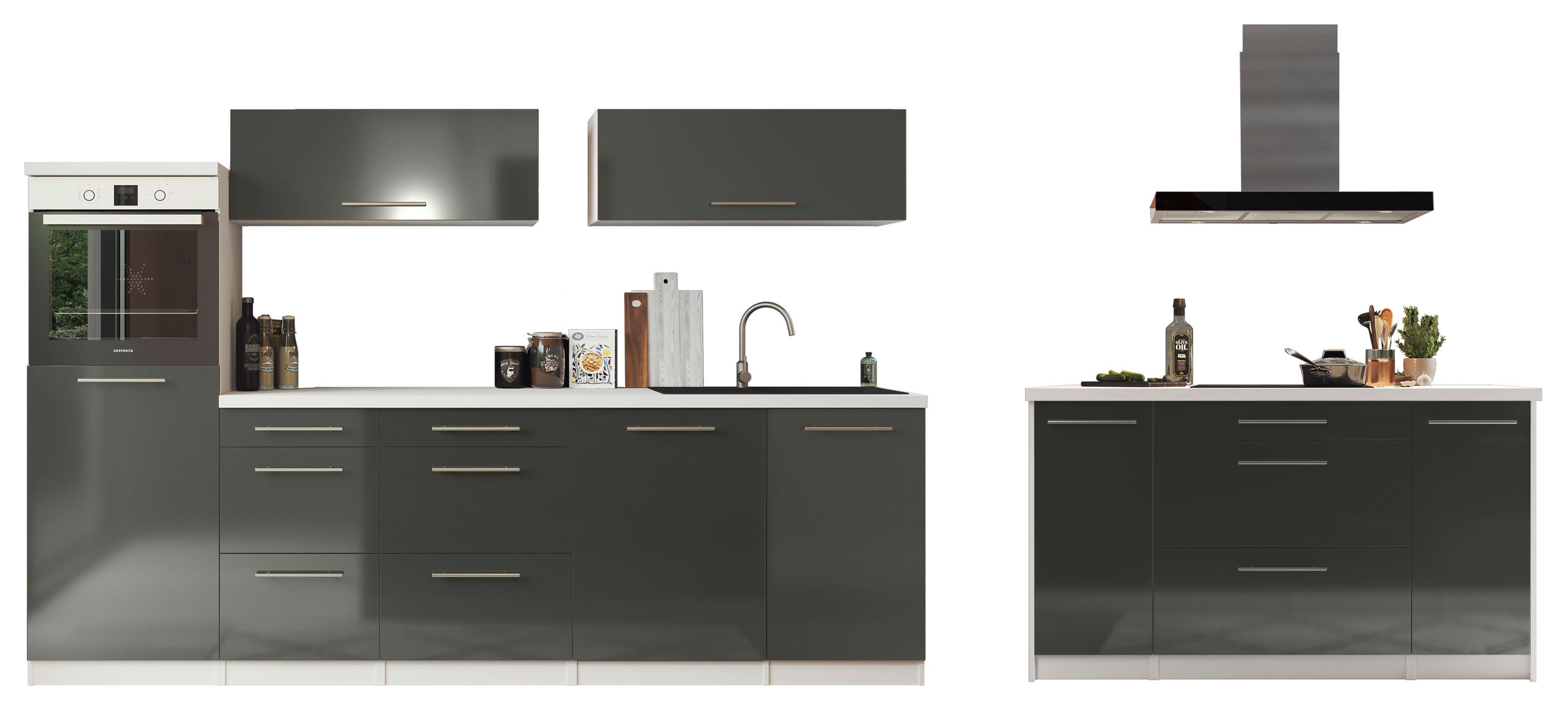 Küchenzeile Premium mit Geräte 280 cm Grau/Weiß + Kochinsel - Weiß/Grau, MODERN, Holzwerkstoff (280/160cm) - Respekta