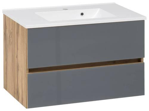 Waschbecken mit Unterschrank B: 80 cm Grau/Eiche Dekor - Eichefarben/Weiß, KONVENTIONELL, Glas/Holzwerkstoff (80cm) - Held