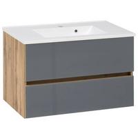 Waschbecken Mit Unterschrank B: 80 Cm Grau/eiche Dekor - Eichefarben/Weiß, KONVENTIONELL, Glas/Holzwerkstoff (80cm) - Held