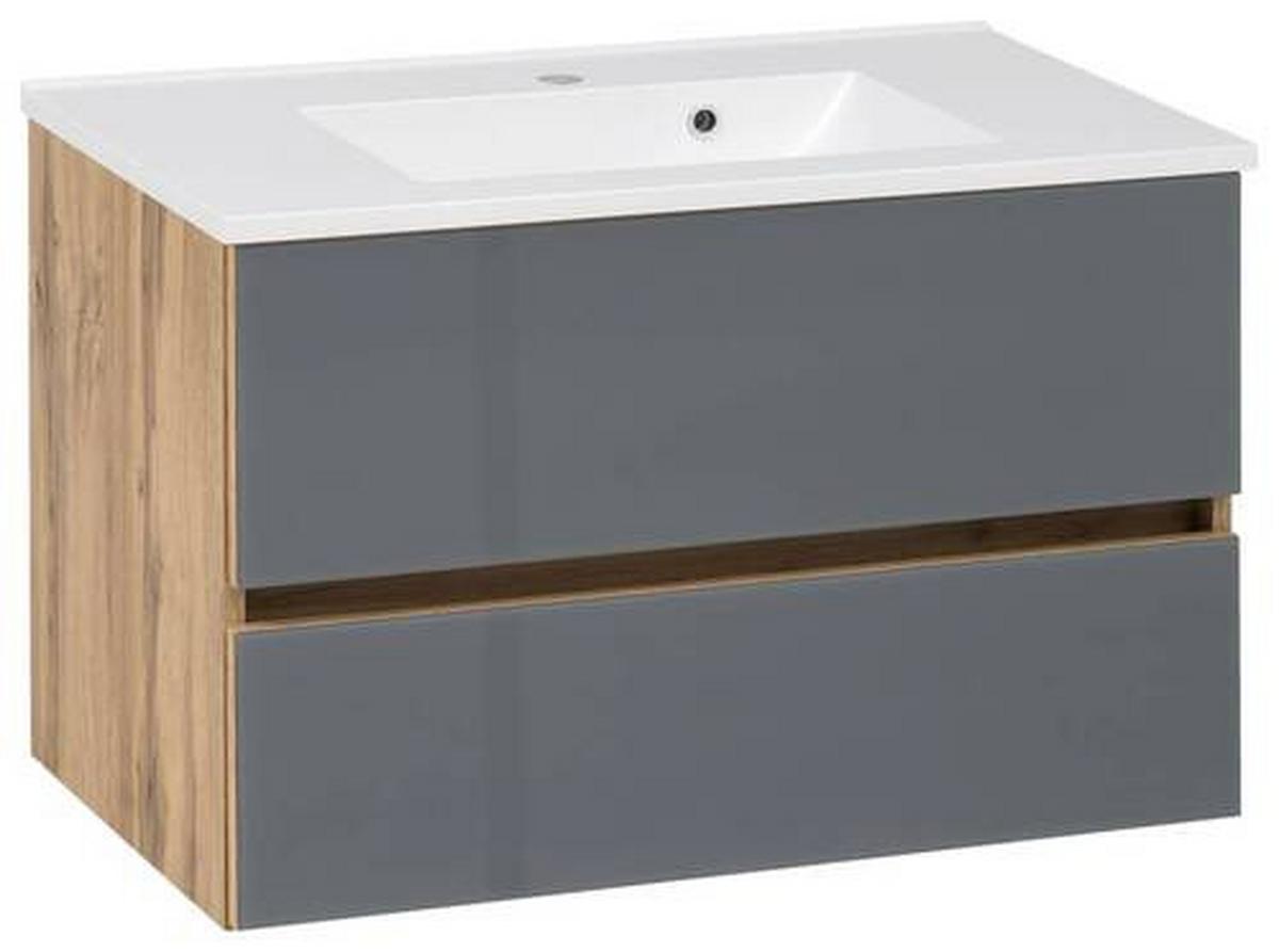 Waschbecken Mit Unterschrank B: 80 Cm Grau/eiche Dekor - Eichefarben/Weiß, KONVENTIONELL, Glas/Holzwerkstoff (80cm) - Held