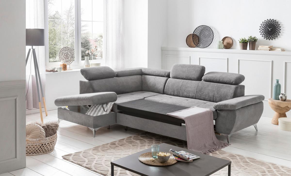 Ecksofa Mit Schlaffunktion Gisele Und Bettkasten Grau - Chromfarben/Grau, KONVENTIONELL, Textil (209/256cm) - Livetastic