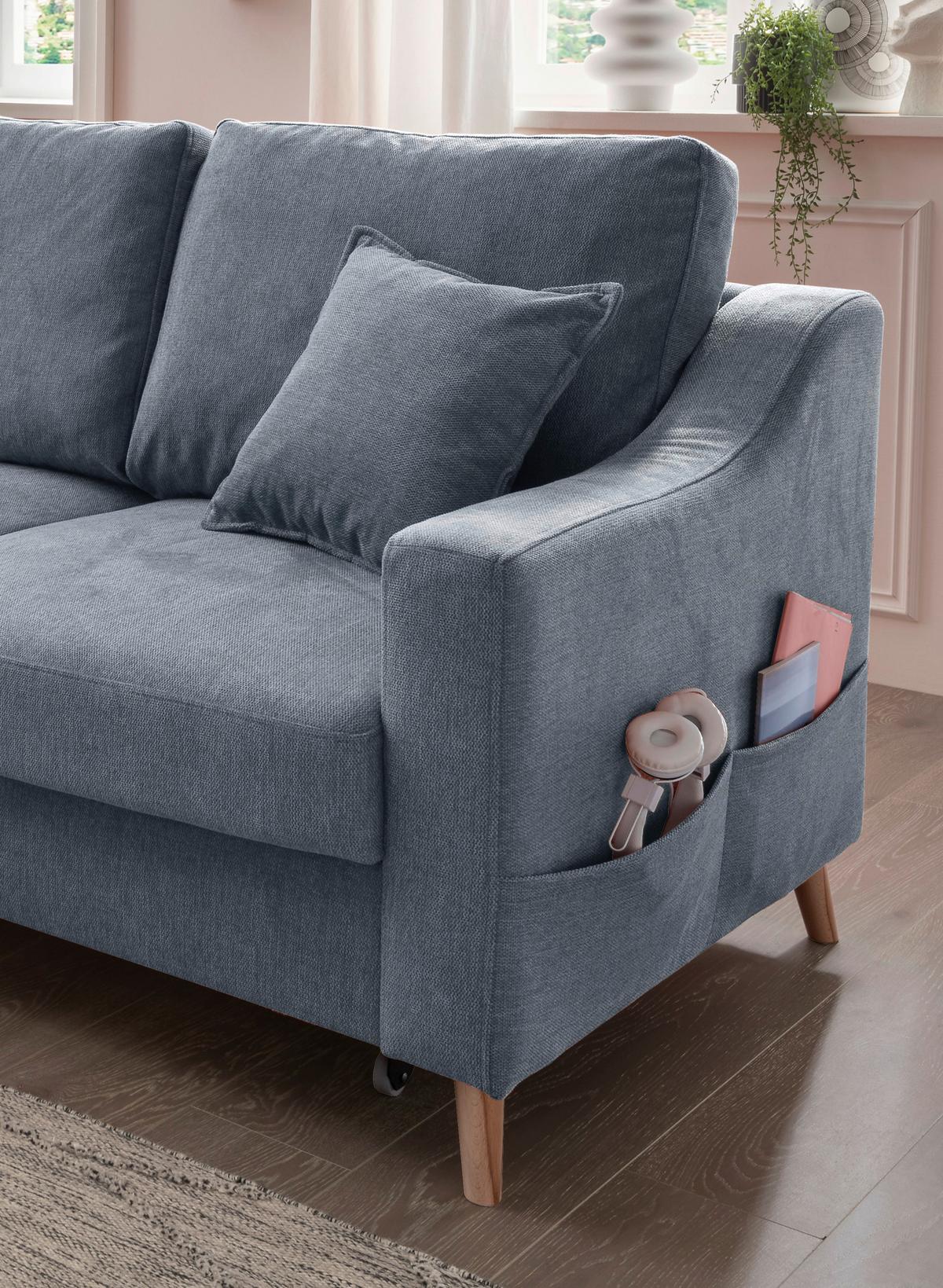 Ecksofa Mit Schlaffunktion Valentina Mit Kissen Blau - Blau/Naturfarben, KONVENTIONELL, Textil (150/228cm) - P & B