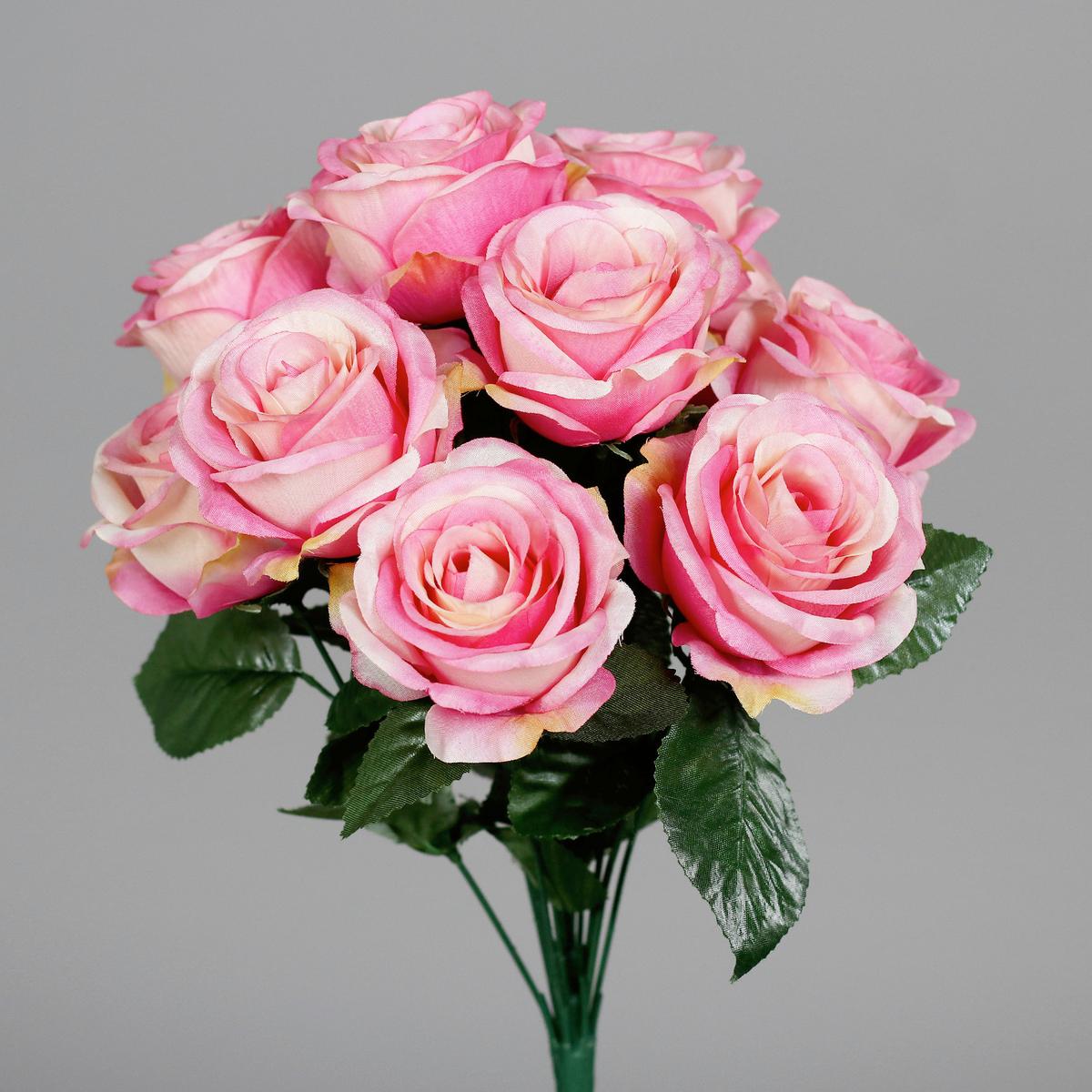 Kunstblume Rosenbusch - Pink/Grün, Basics, Kunststoff/Textil (40cm)