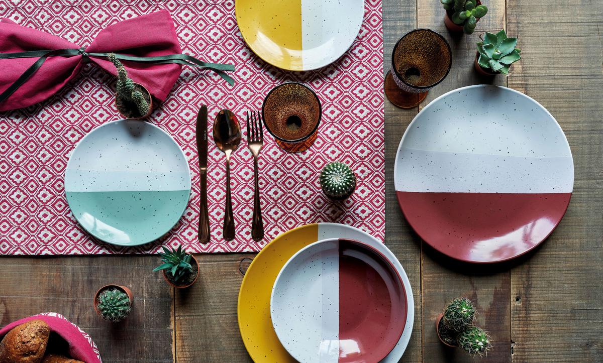 Tafelservice Layers Keramik 6 Personen Geschirr Set - Currygelb/Beere, Design, Keramik - Tognana