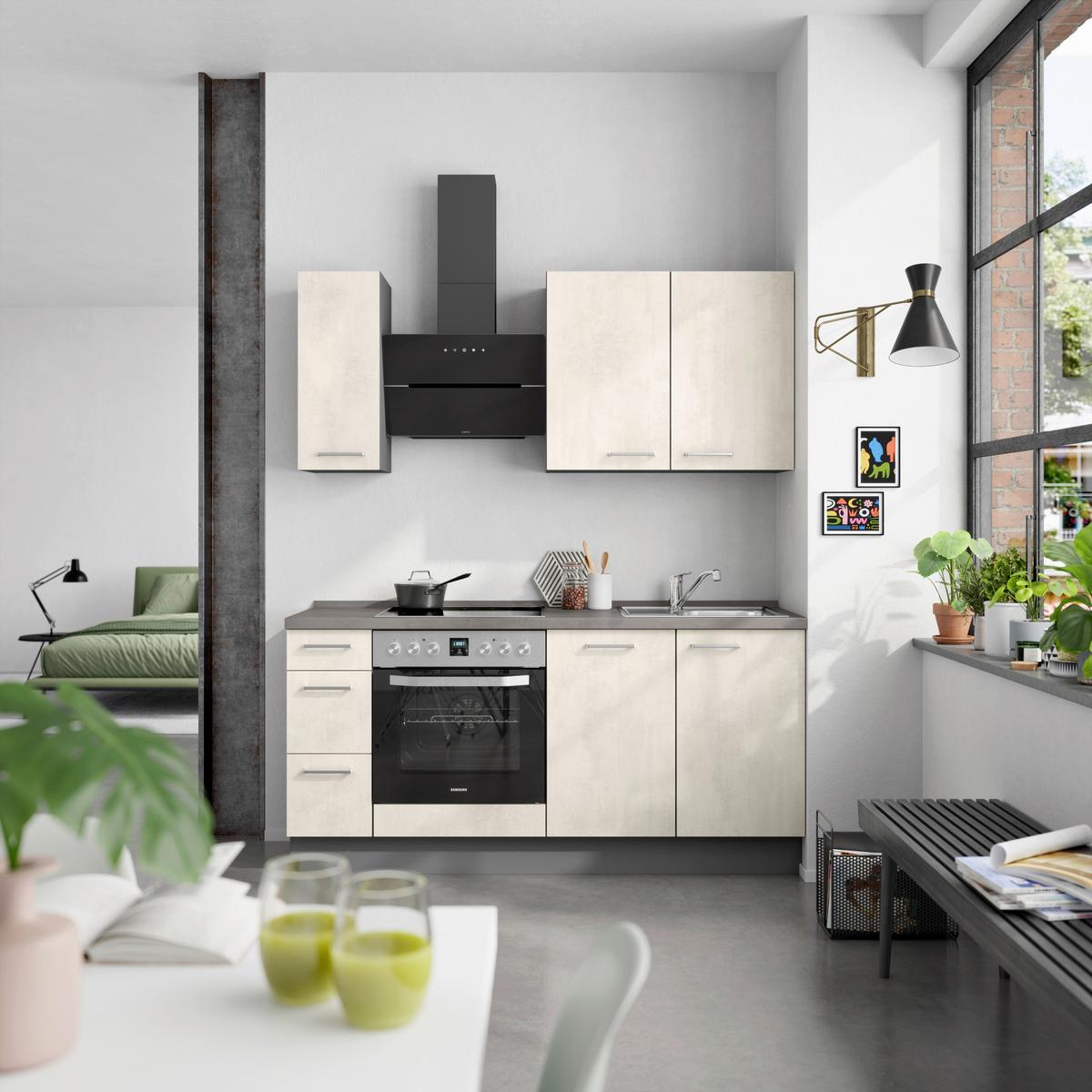 Kuchynská linka 180cm biely betón/ bridlicová šedá - biela/farba ušľachtilej ocele, Modern, kov/kompozitné drevo (180cm) - Nobilia