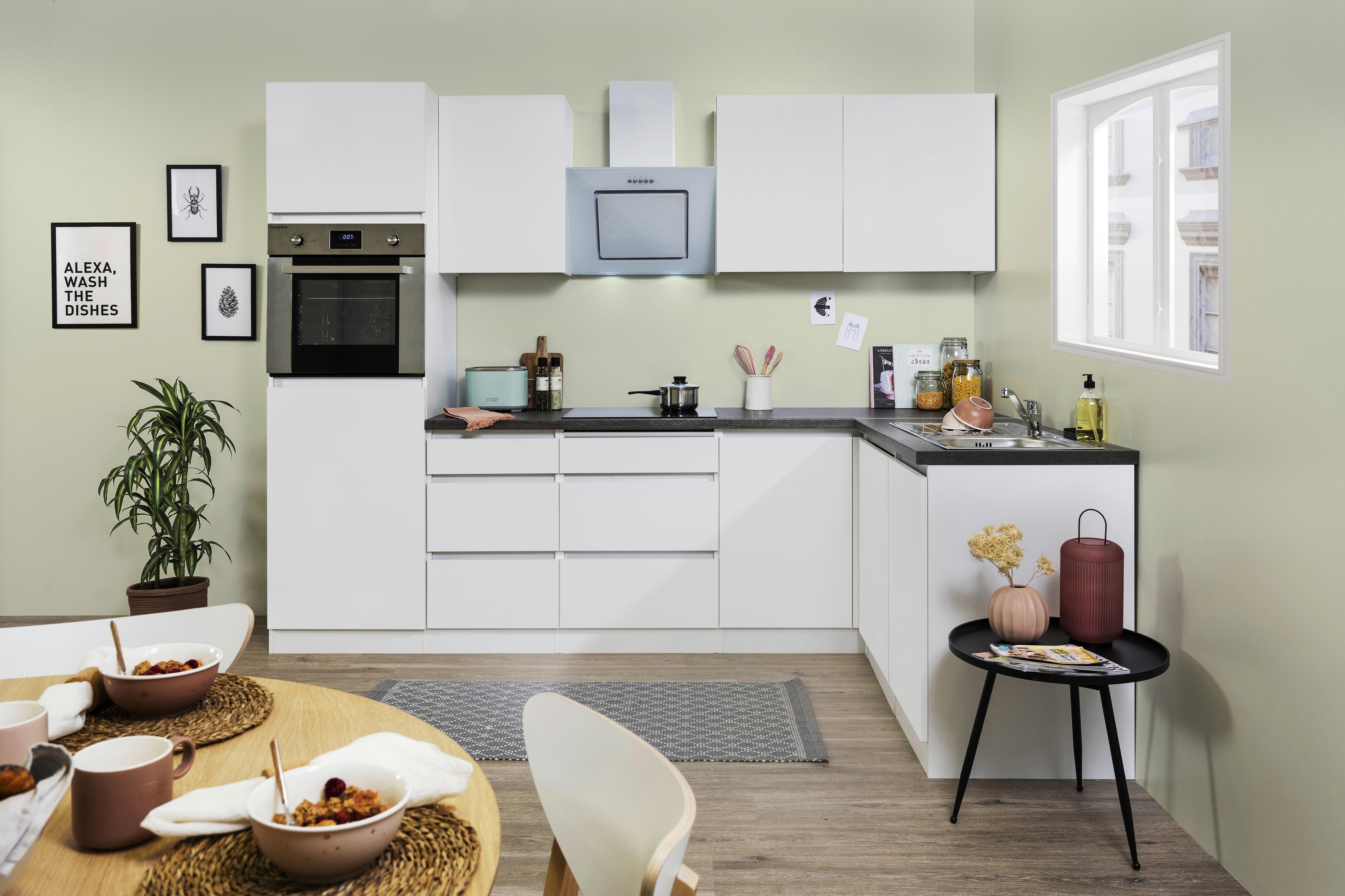 Küchenzeile Premium mit Geräten 280 cm Weiß Hochglanz - Weiß/Grau, MODERN, Holzwerkstoff (280/172cm) - Respekta