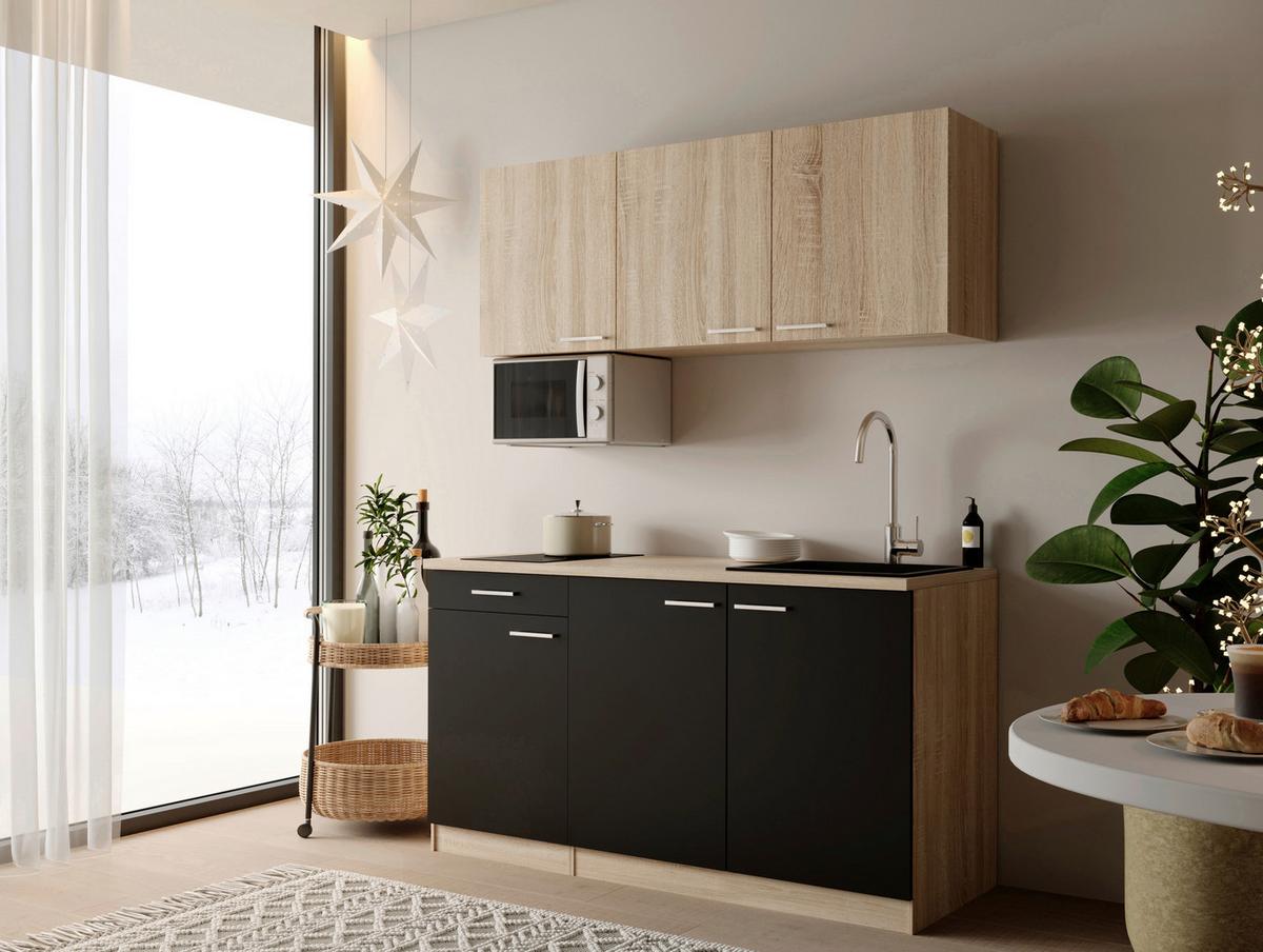 MINIKÜCHE Ingrid, Schwarz B: 150 cm - Eichefarben/Schwarz, Design, Holzwerkstoff (150cm) - Respekta