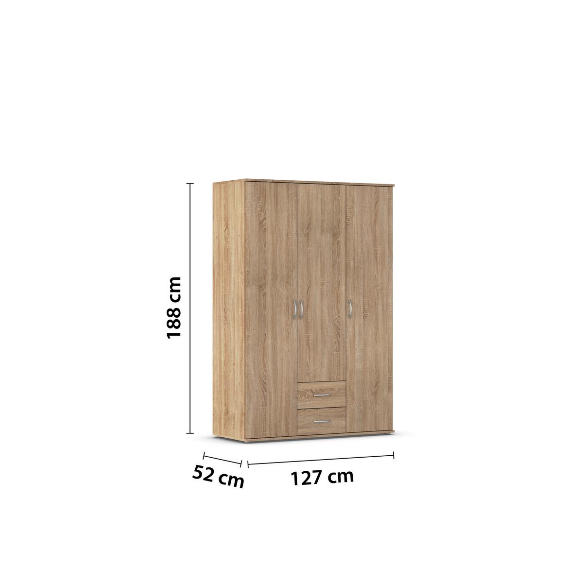 Kleiderschrank Paul 3 - Eichefarben, KONVENTIONELL, Holzwerkstoff (127/188/52cm)