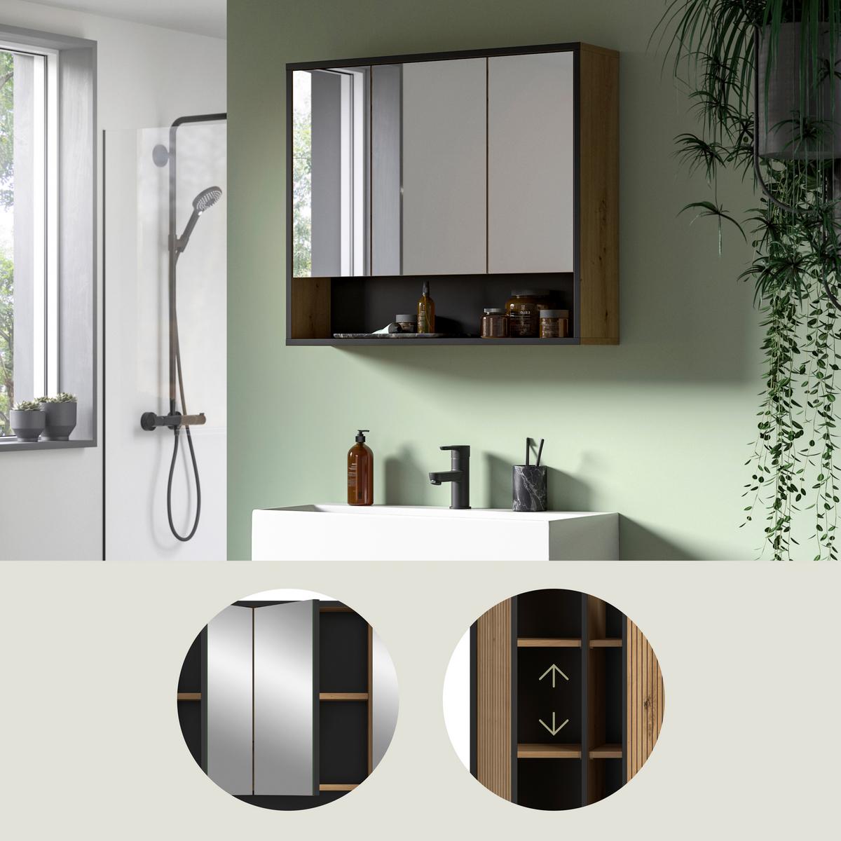 Spiegelschrank Bagno Eiche Artisan Dekor B: 80cm - Eiche Artisan, Trend, Glas/Holzwerkstoff (80/68/19cm) - MID.YOU