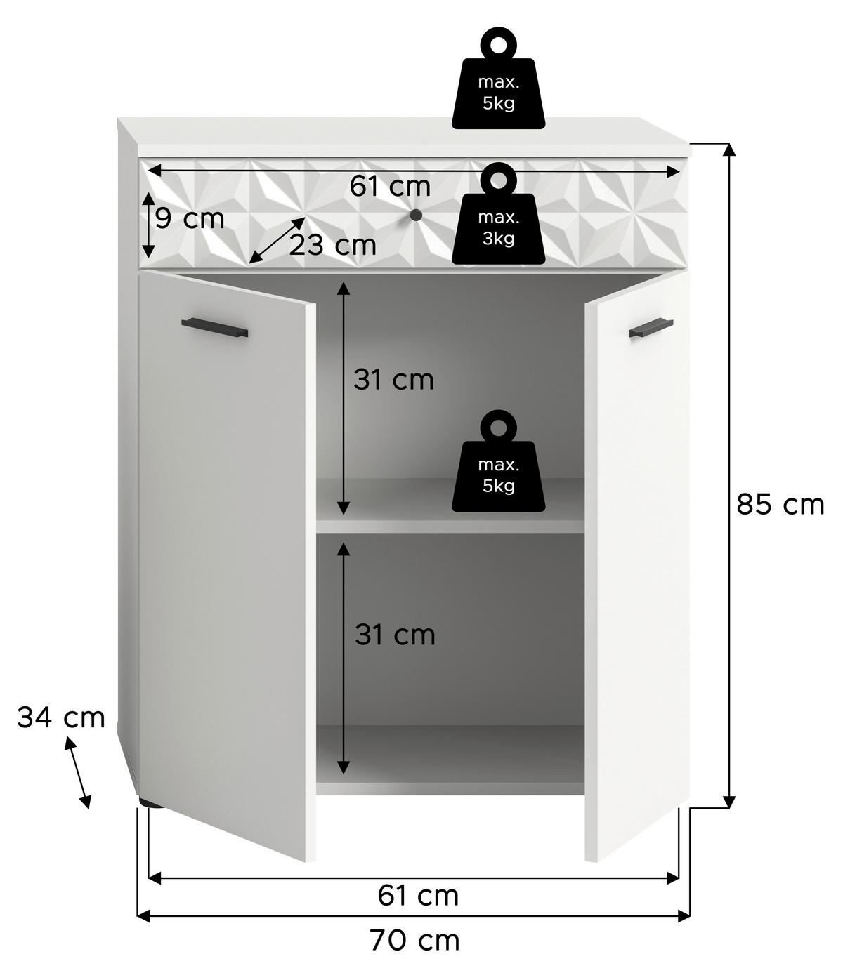 Unterschrank Prisma Weiß B: 70 Cm - Schwarz/Weiß, MODERN, Holzwerkstoff (70/85/34cm) - MID.YOU